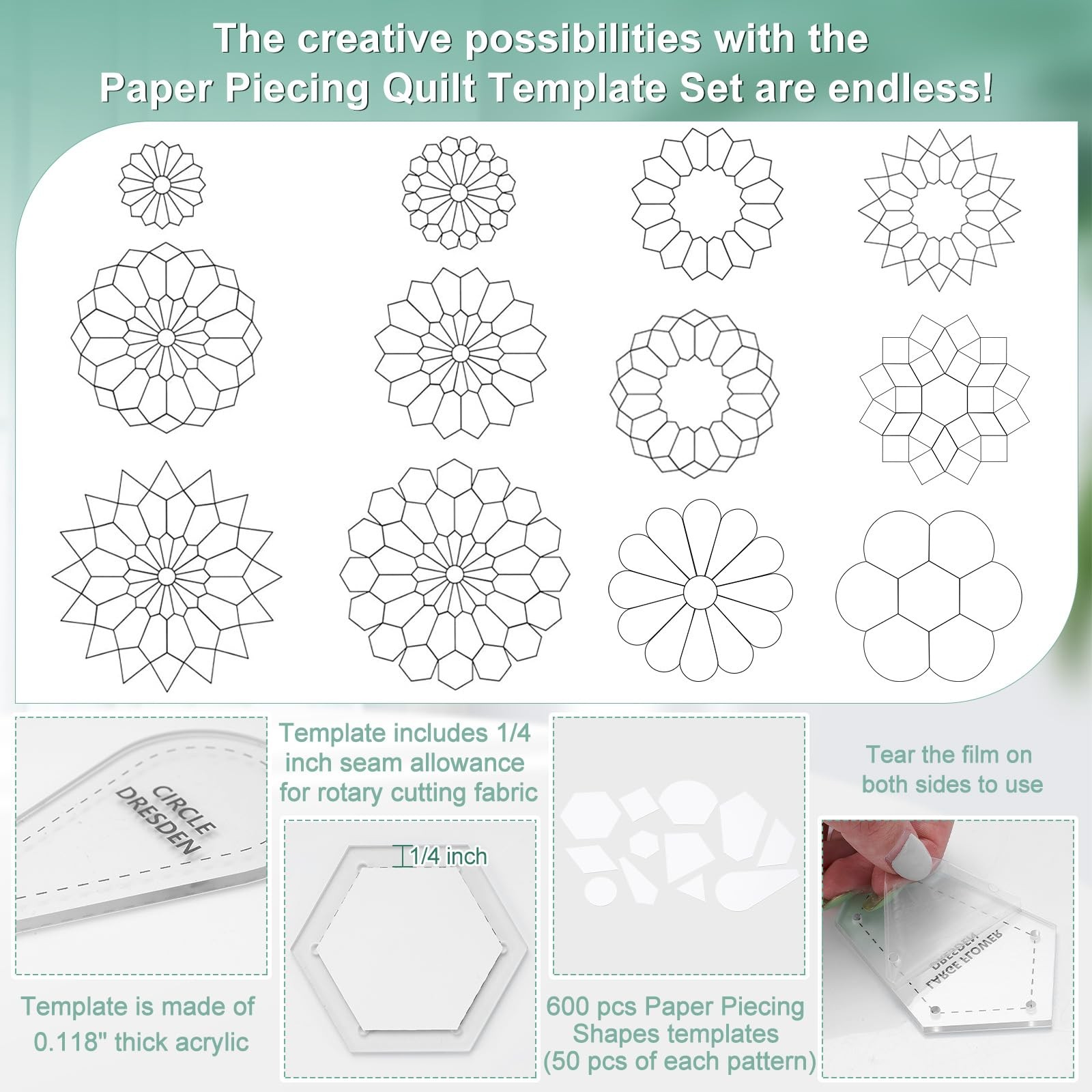 612 Pcs Patchwork Paper EPP English Piecing Supplies 12 Shapes Acrylic Templa...