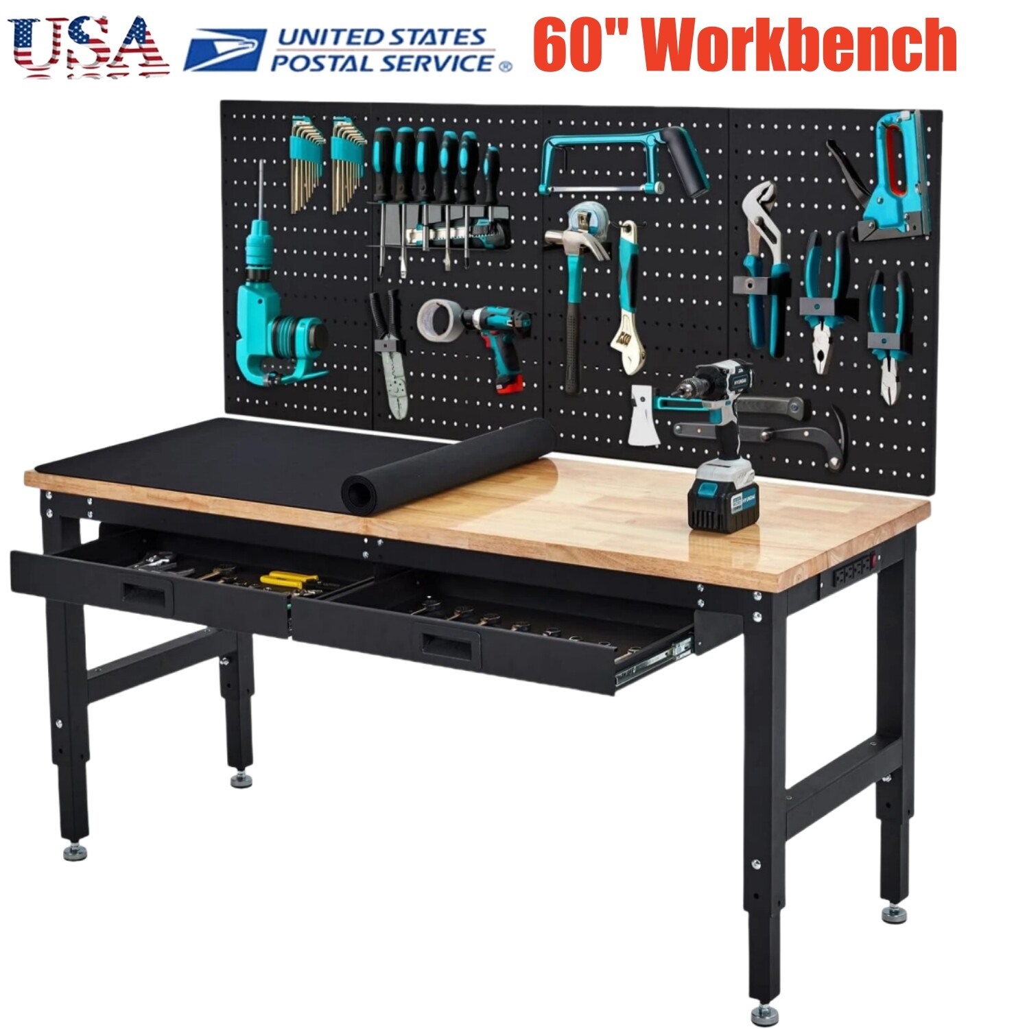 60" Workbench Rubber Wood Tabletop Work Table W/2 Drawers & Pegboard Pad 3000LBS