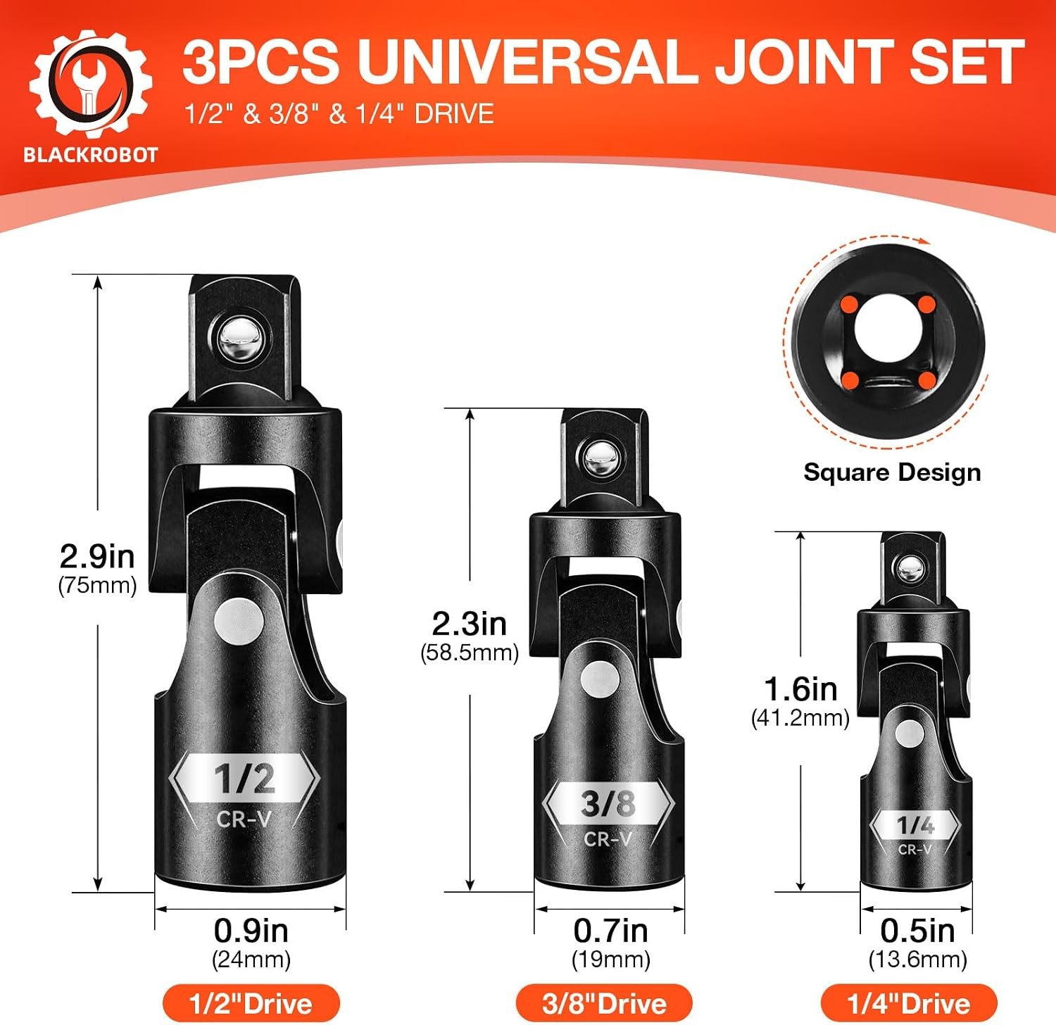 Universal Joint Set 3PCS, 1/2" 3/8" 1/4" Drive Socket Adapter Set, Premium