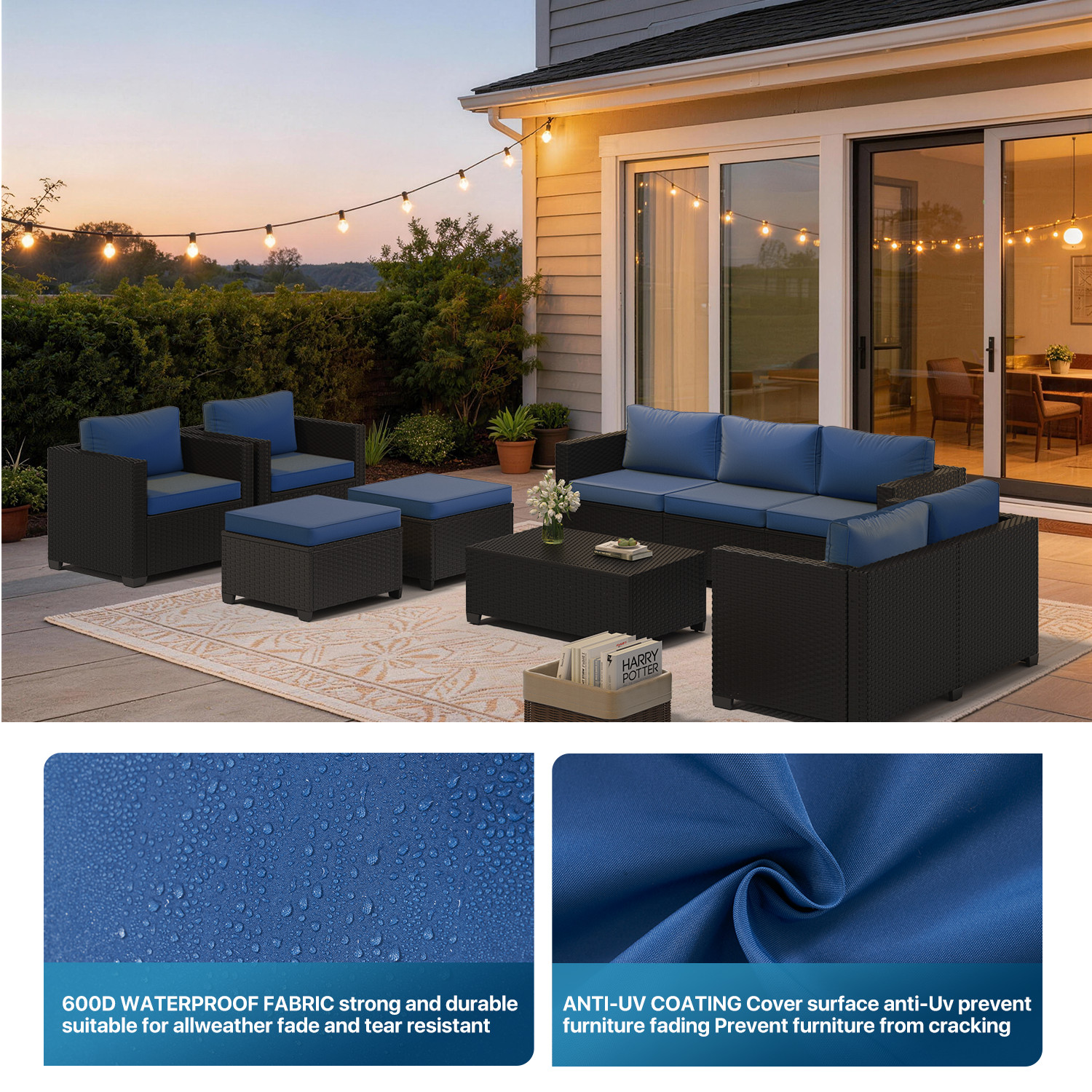 7-Piece Black Rattan Sofa Set w/ Storage Coffee Table Navy Blue 9-Seat