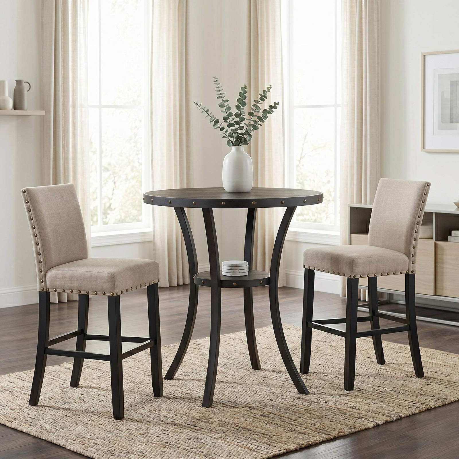 Biony 3-Piece 36" Round Espresso Finish Bar Table with 2 Tan Fabric Nail Head Pu