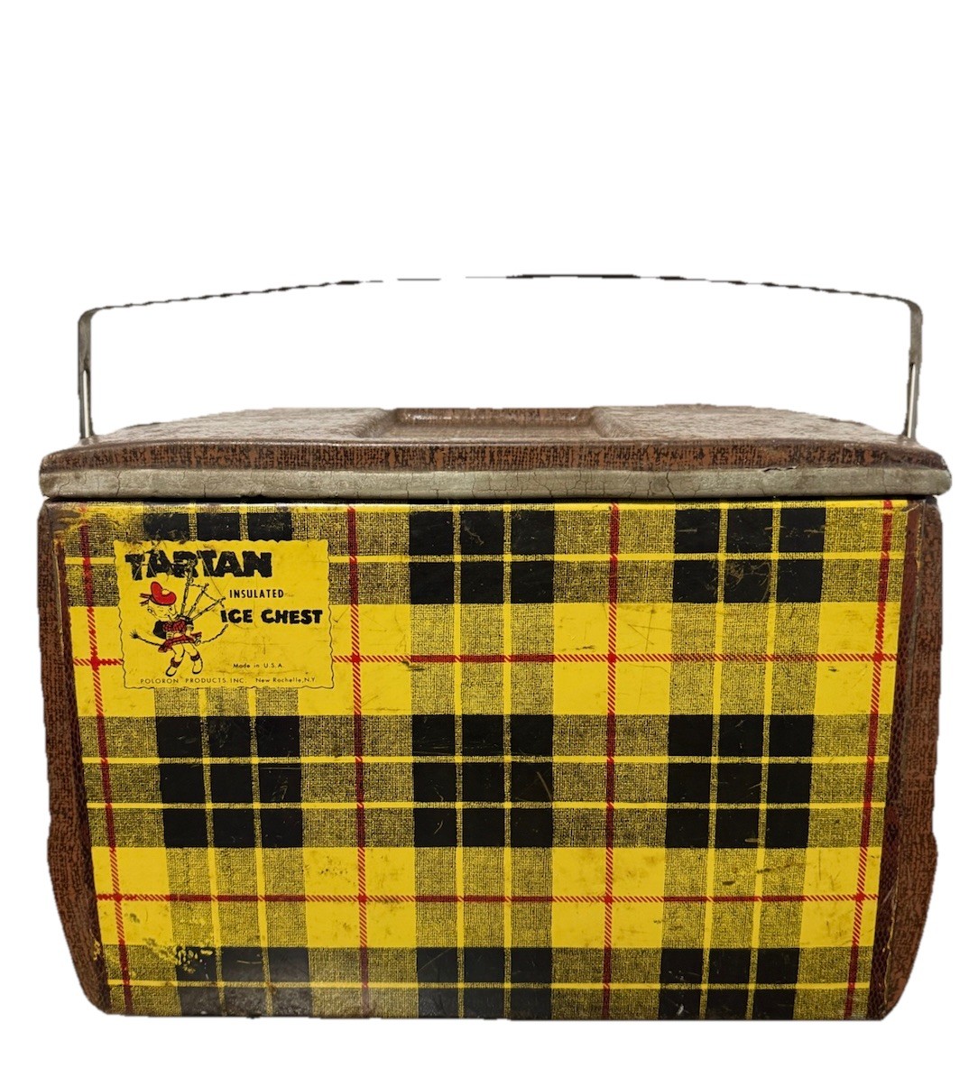 Vintage POLORON Tartan Ice Chest Metal W Locking Retractable Handles Camping RV