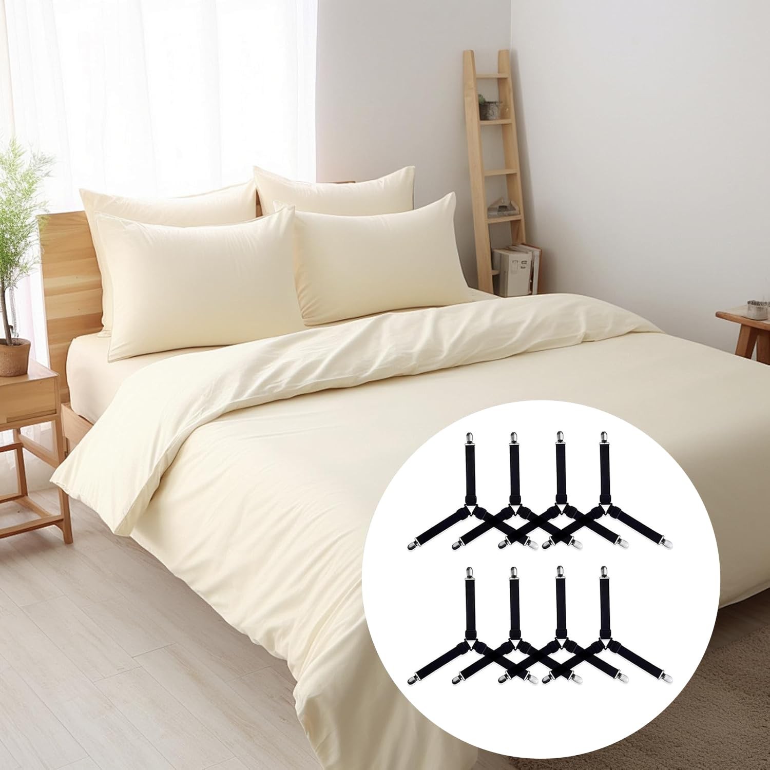 8 White Bed Sheet Holder Straps, Adjustable Straps Holders, Black