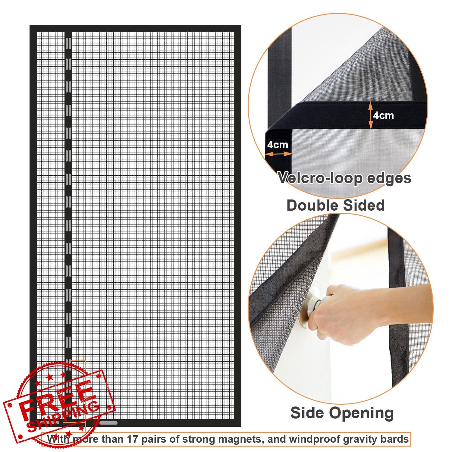 Risareyi Magnetic Screen Door 40x86in Black Fiberglass Side Opening