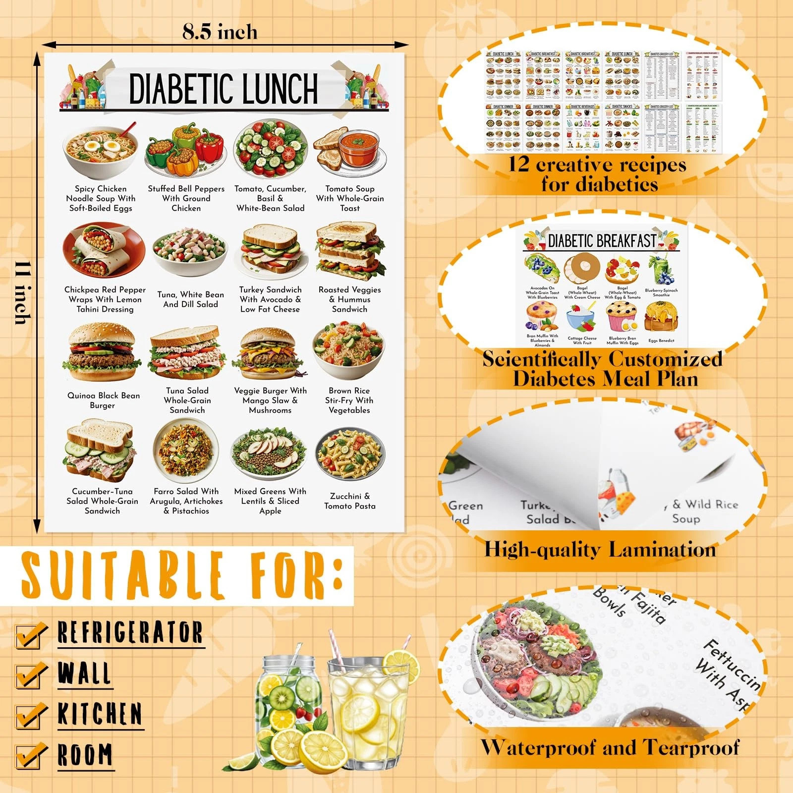12Pcs Diabetes Diet Information Sheet Low Carb Food List Meal Plan Guide Chart