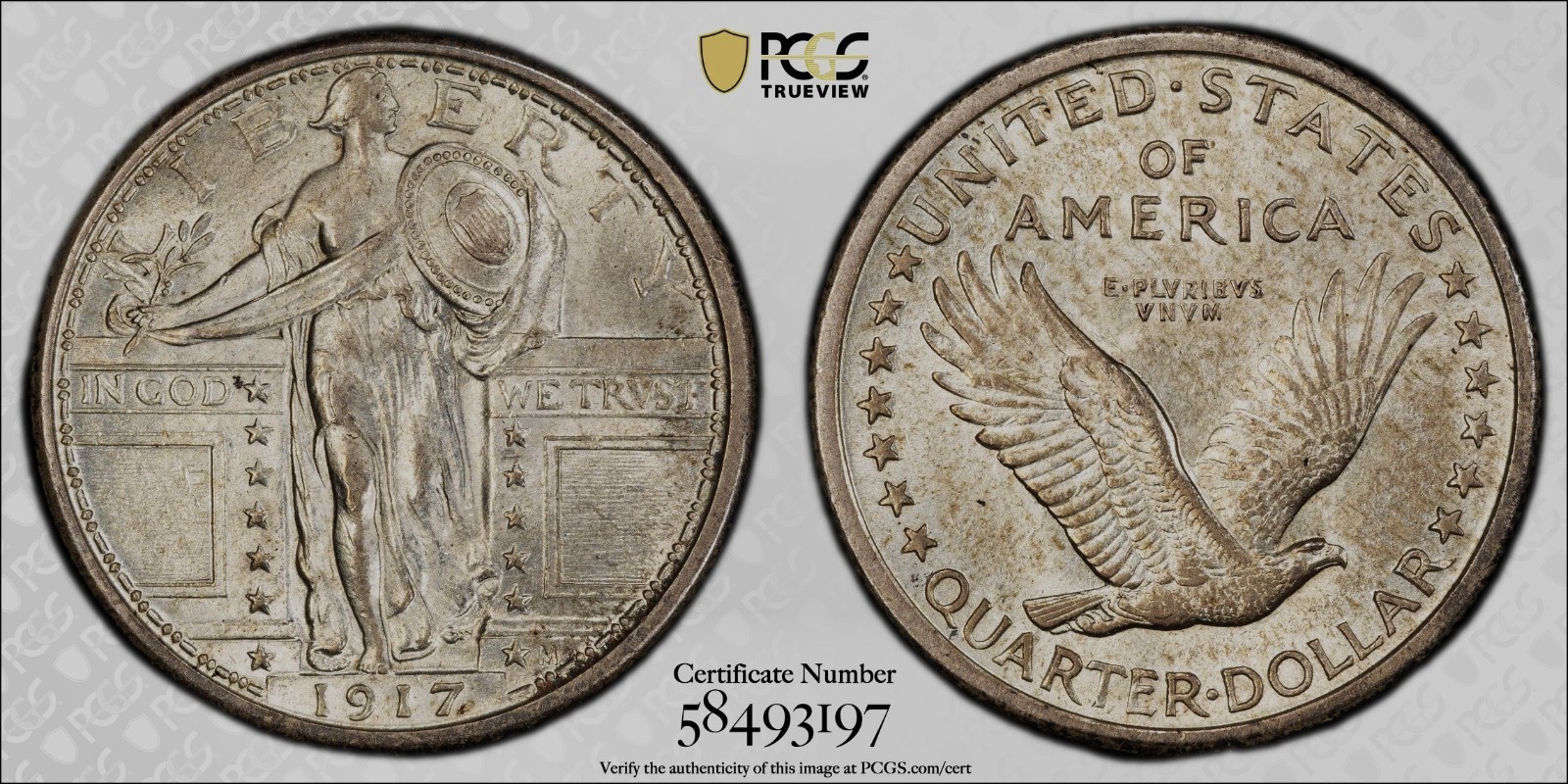 1917 TYPE 1 STANDING LIBERTY QUARTER PCGS MS 64 NATURAL SILVERY WHITE WITH A BIT