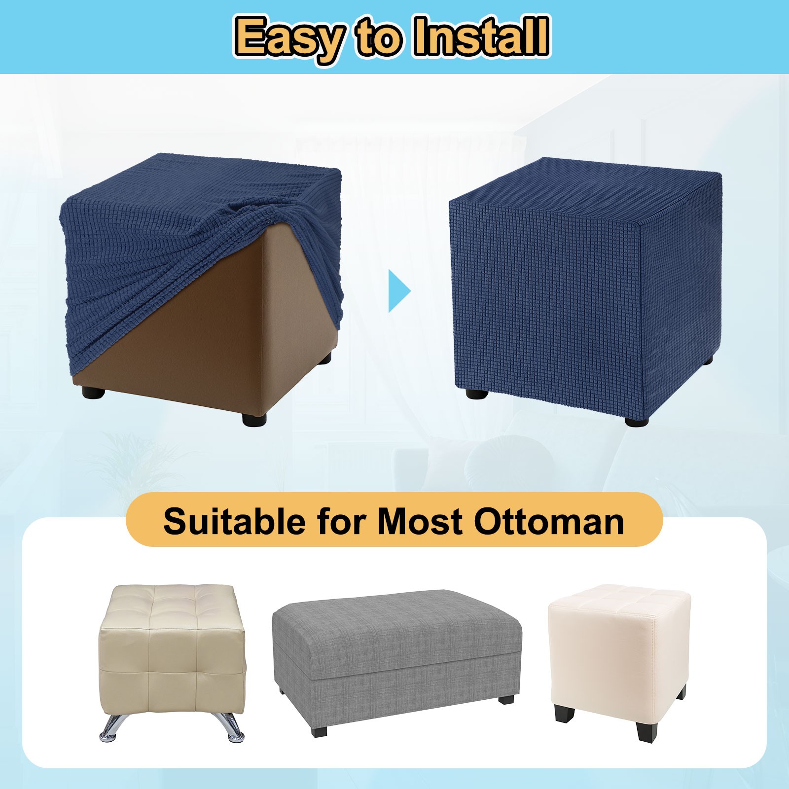 Stretch Ottoman Cover Rectangular Fit Length 33"-40", Medium, Navy