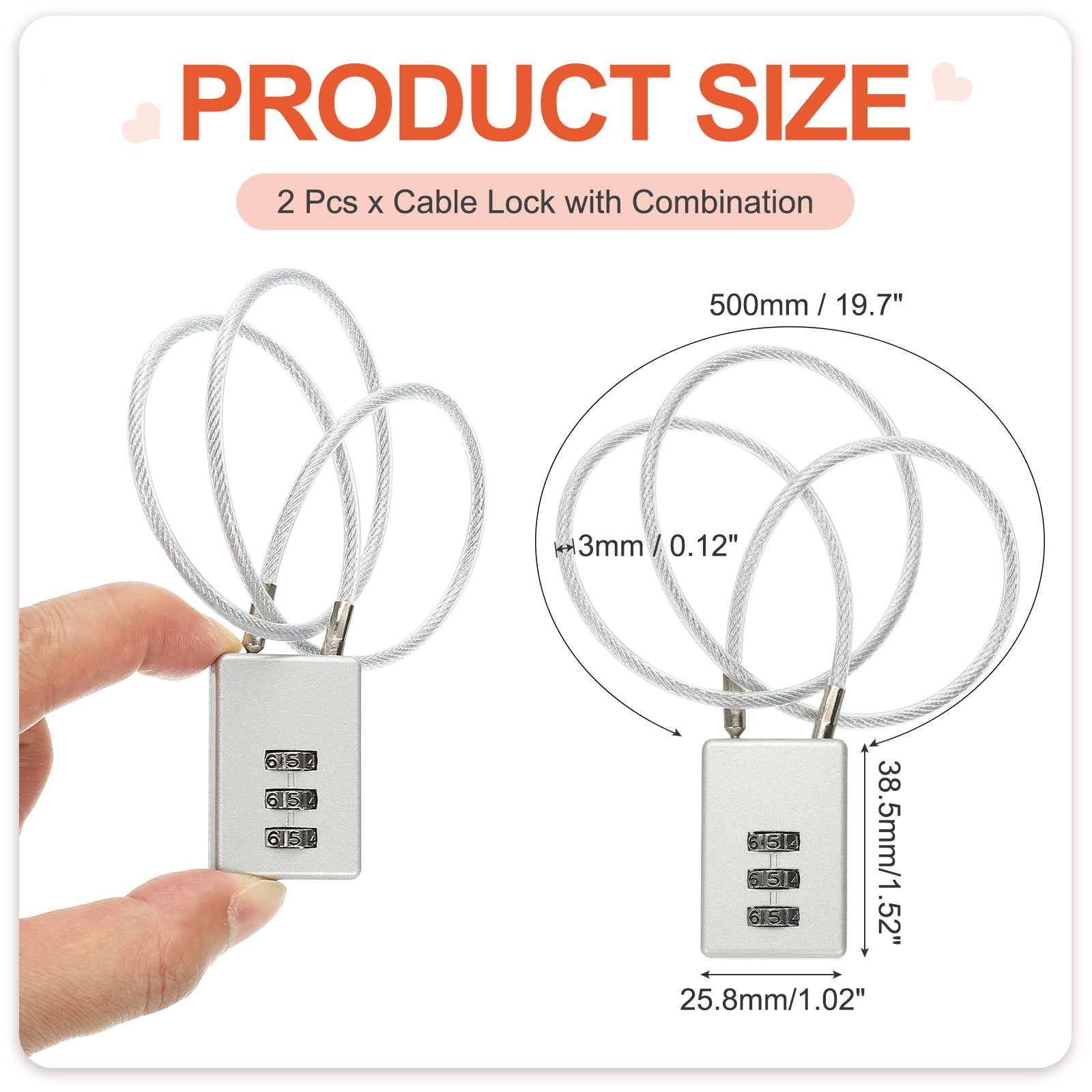 2 Pcs 3 Digit Cable Lock with Combination 19.7" Steel Rope Silver
