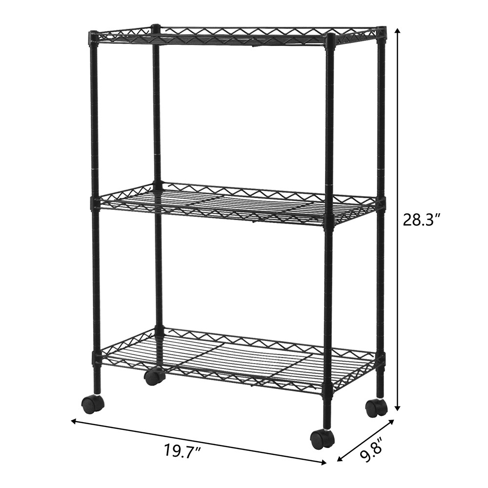 3-Tier Rolling Utility Cart, Chrome, 150lb/Shelf, Adjustable Height, 20x10x28in