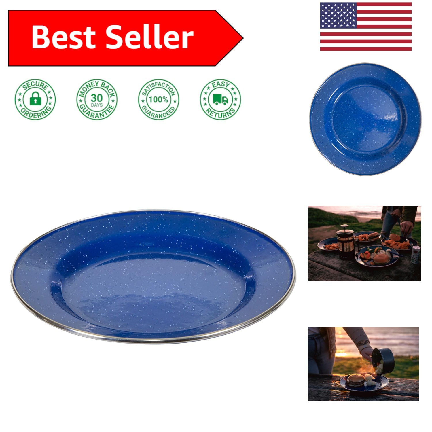 Stansport 10" Enamel Dinner Plate with Stainless Steel Rim - Perfect for Camping