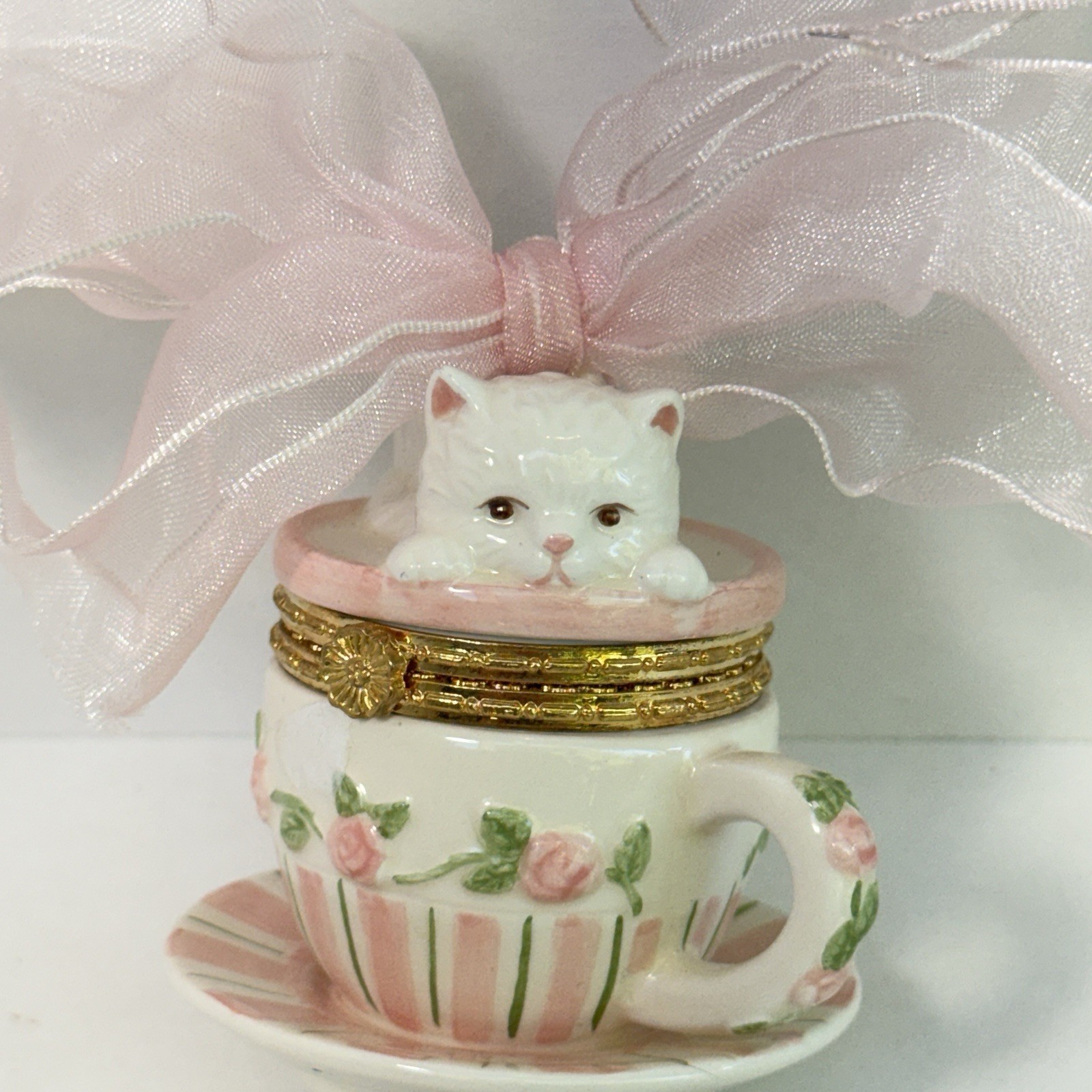 Vintage Mud Pie White Cats Trinket Box 2001 Excellent Condition, Original Ribbon