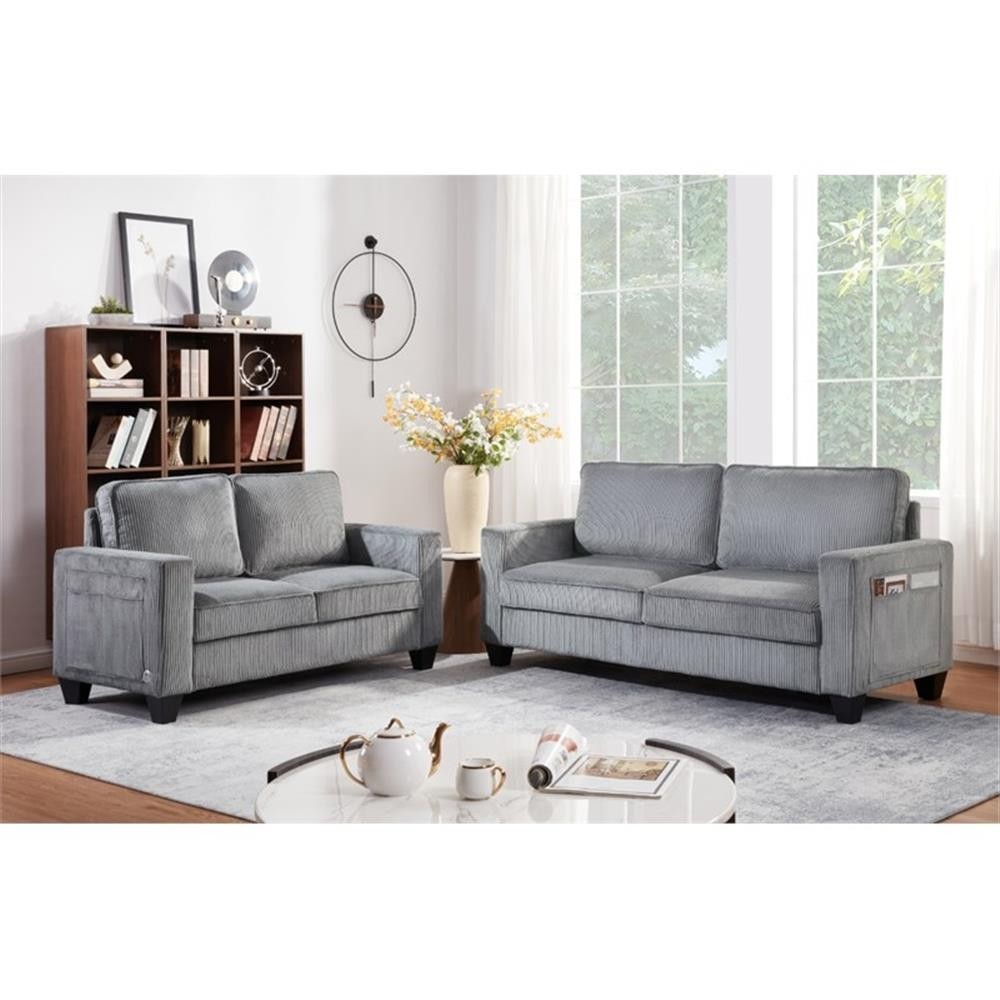 Hawthorne Collections 57"W Corduroy Gray Loveseat Sofa with USB and Side Pockets