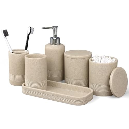 6-Piece Bathroom Accessories Set, Bathroom Accessory Set with Soap Beige