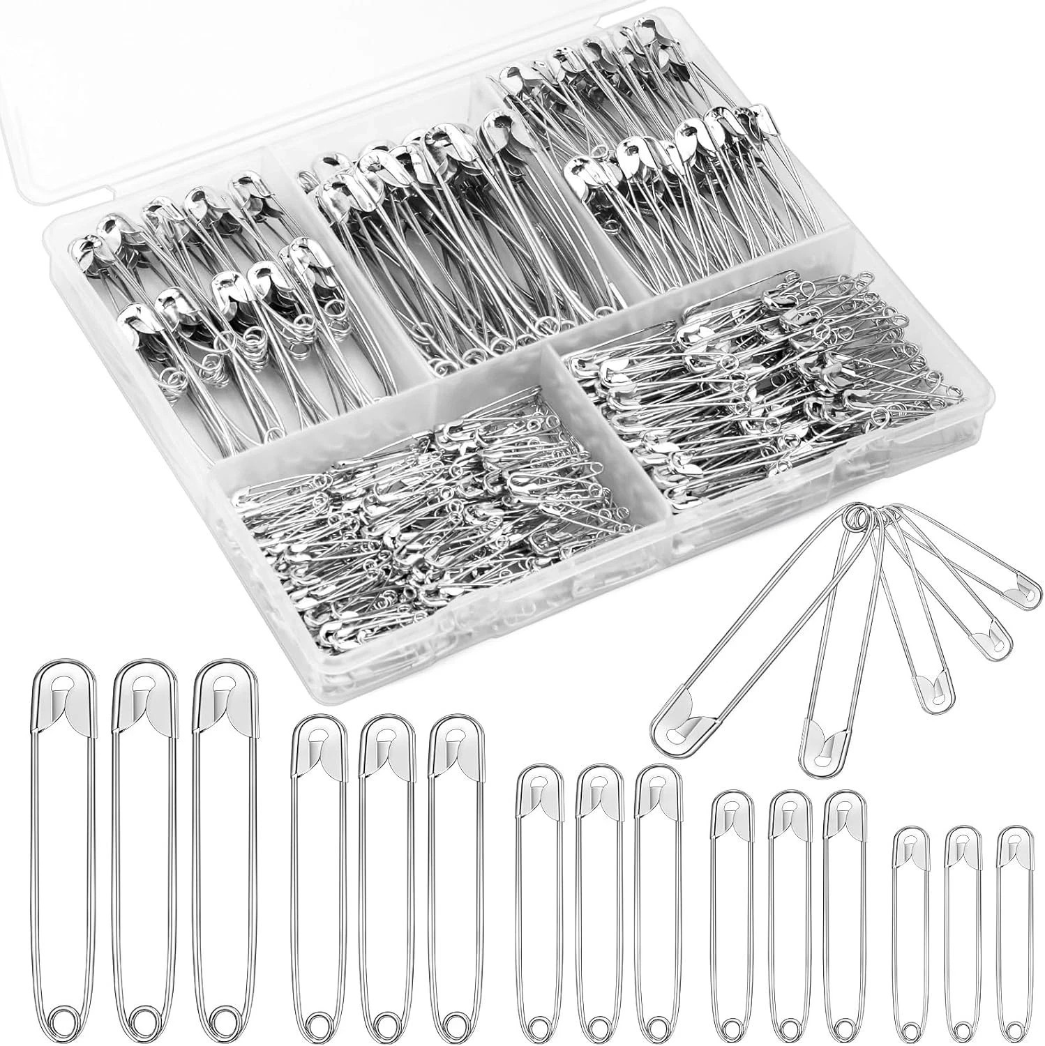 500 Ps 5 Sizes Safety Pins Assorted Size Rust-Resistant Nickel Plated Steel Asso