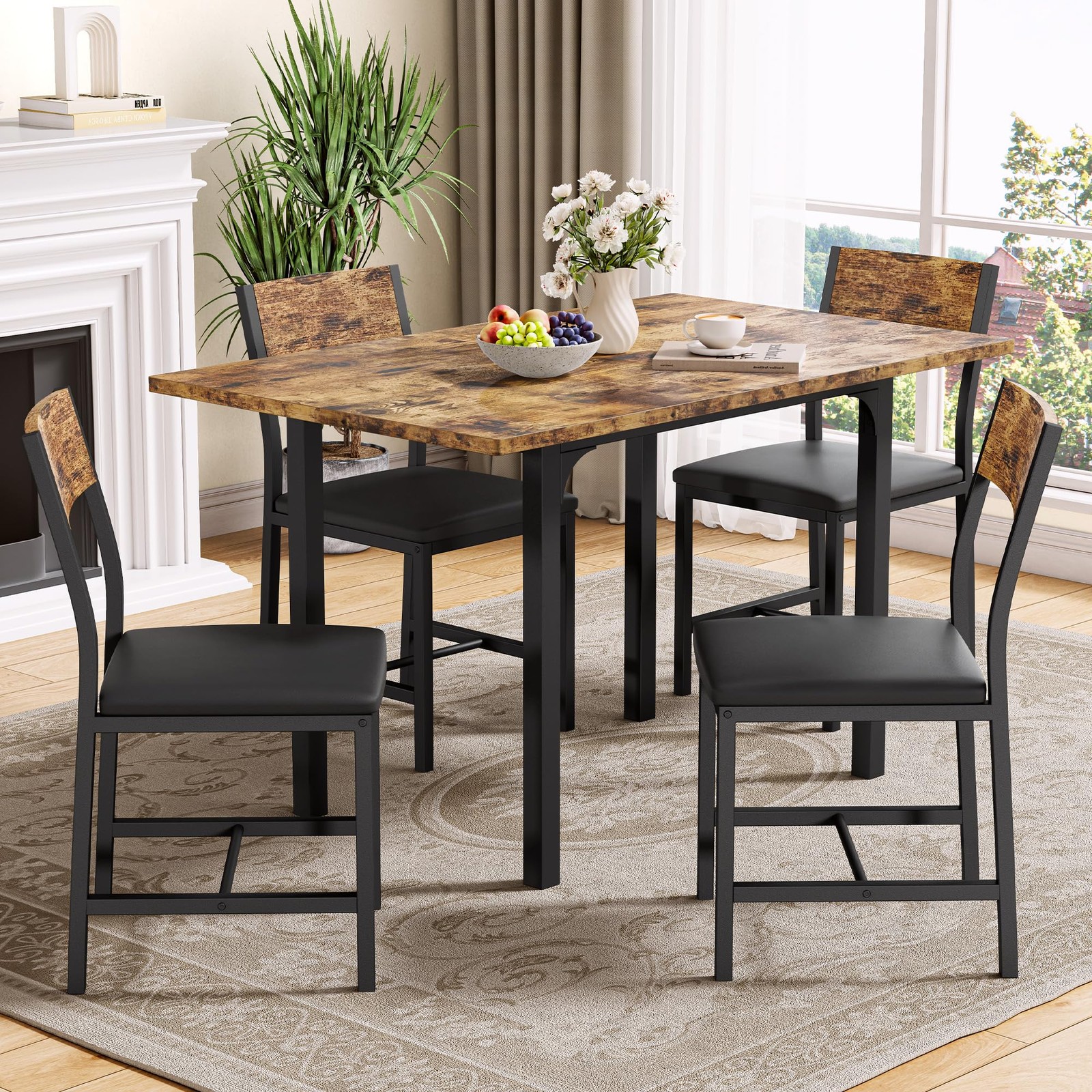 Rustic Brown 5-Piece Dining Set With 4 Upholstered Chairs Extendable For Small