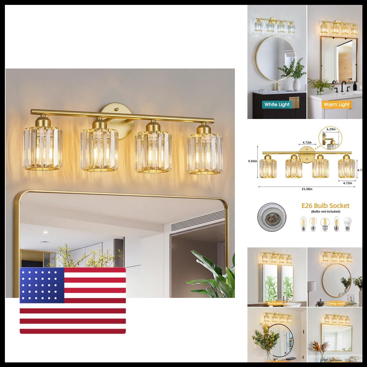 FDPBY 4145 Modern 4 Light Crystal Vanity Light Gold Vertical Bathroom