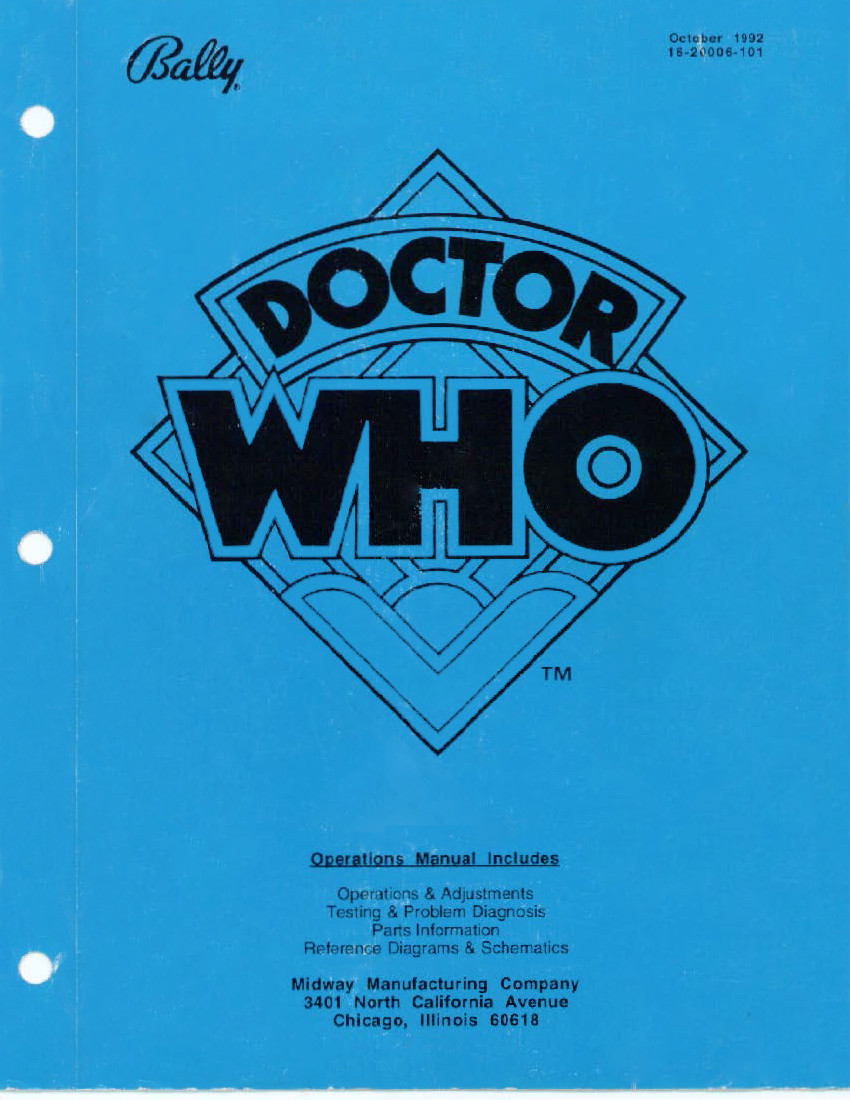 Bally DOCTOR WHO Pinball Machine Instruction Manual & Schematic: 151 Pages
