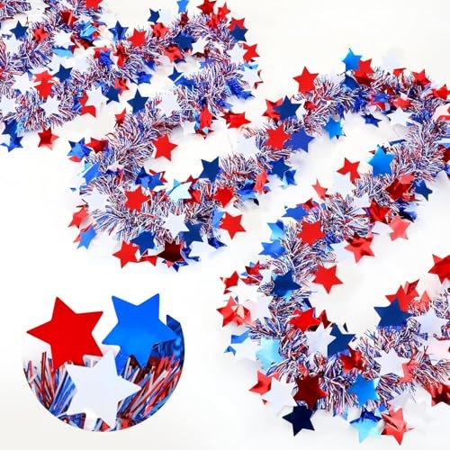 33Ft 4th of July Garland Decor, 1 String-Red White Blue Glitter Tinsel Star
