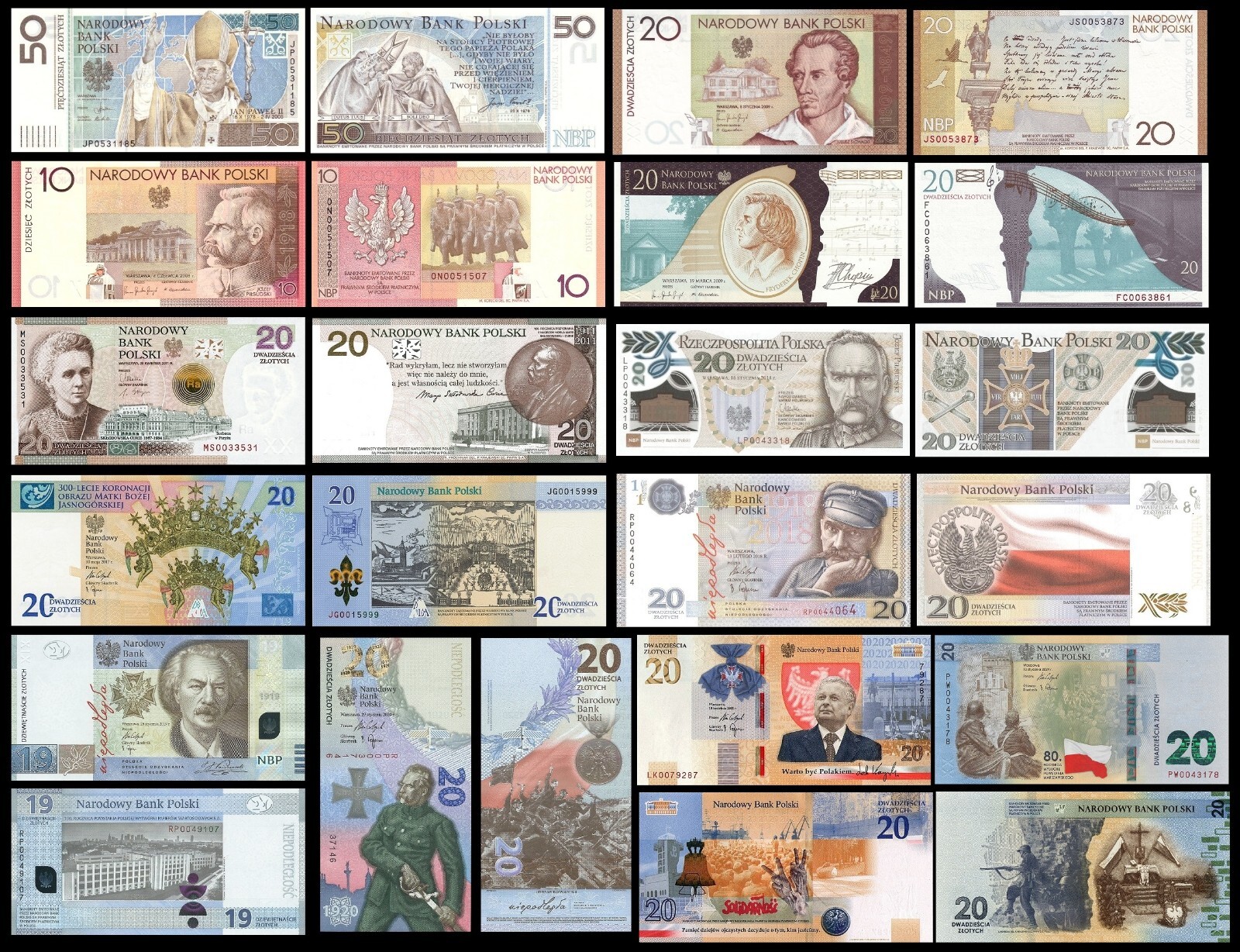 Poland 10 19 20 50 Zlotych 2006 - 2025 P178 - P199 UNC - Polymer w/folder PMG 67