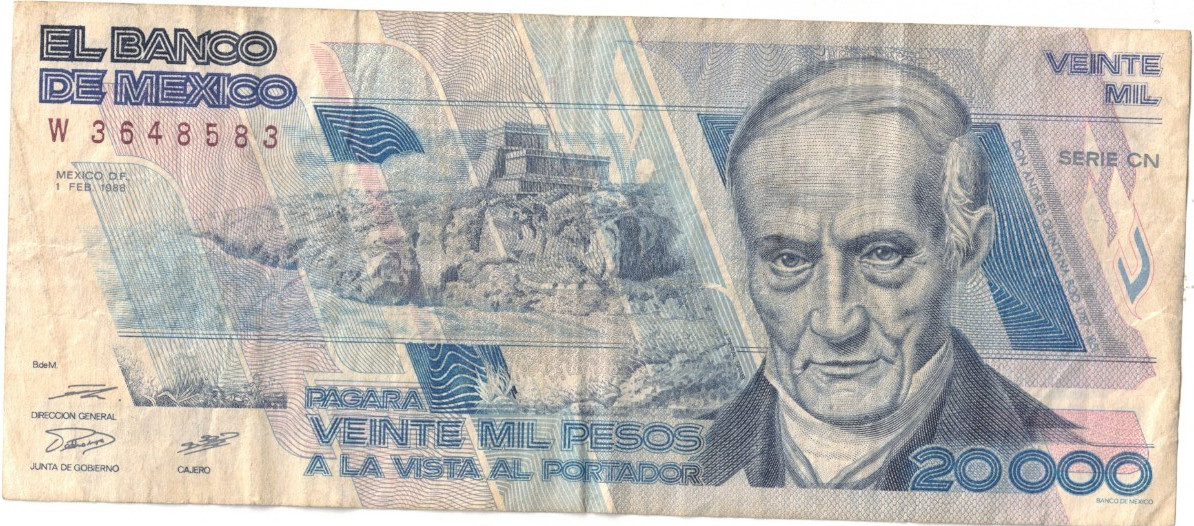 1988-CN MEXICO Circulated 20,000 Pesos Andres Banknote P-91 #1
