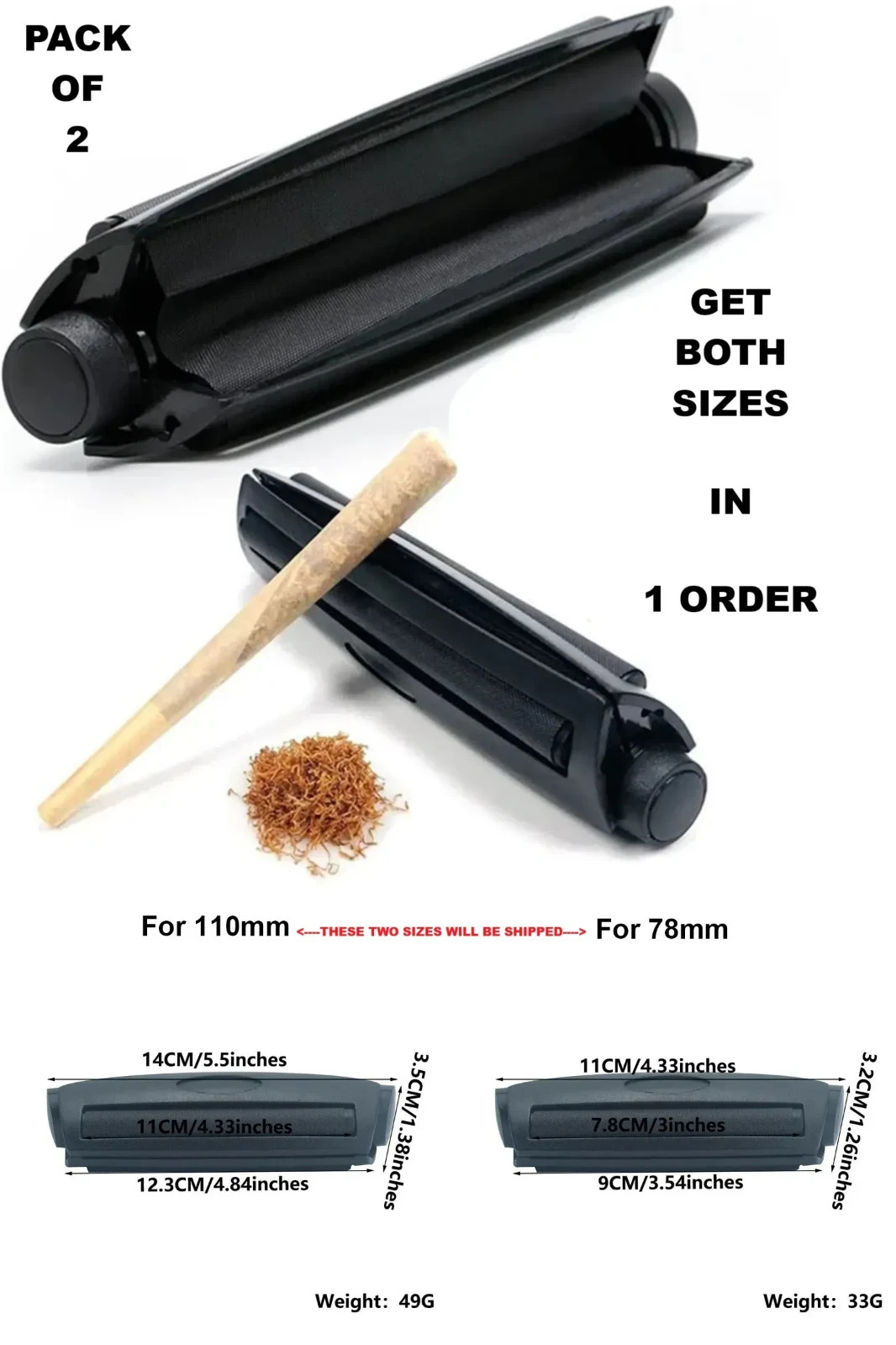 2pcs Manual Cigarette Rolling Machine Set 78mm 110mm Portable Tobacco Roller
