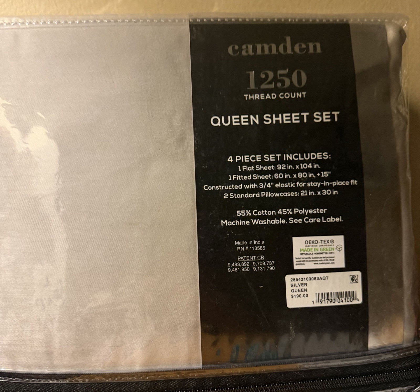 AQ Textiles Camden 1250 Tread Count 4 PC Queen Silver Sheet Set