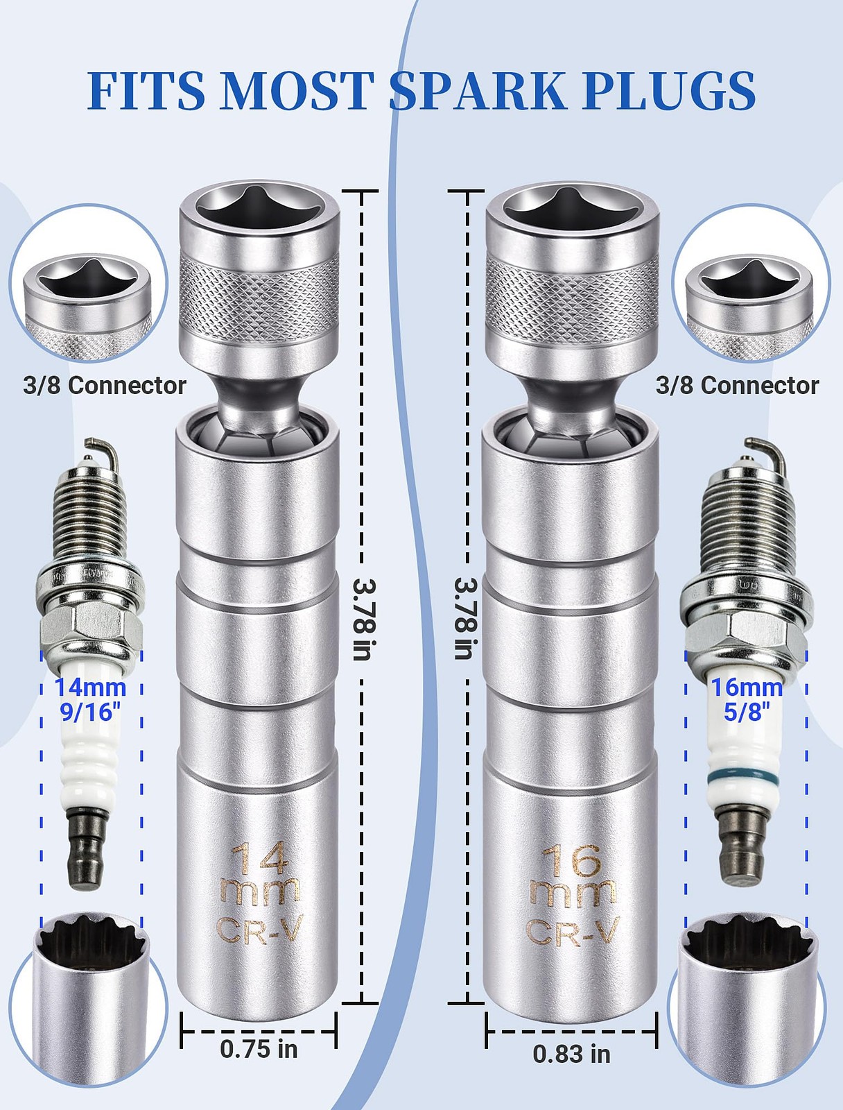 14mm & 16mm Magnetic Swivel Spark Plug Socket Set, 3/8" Drive Thin Wall 12 Po...
