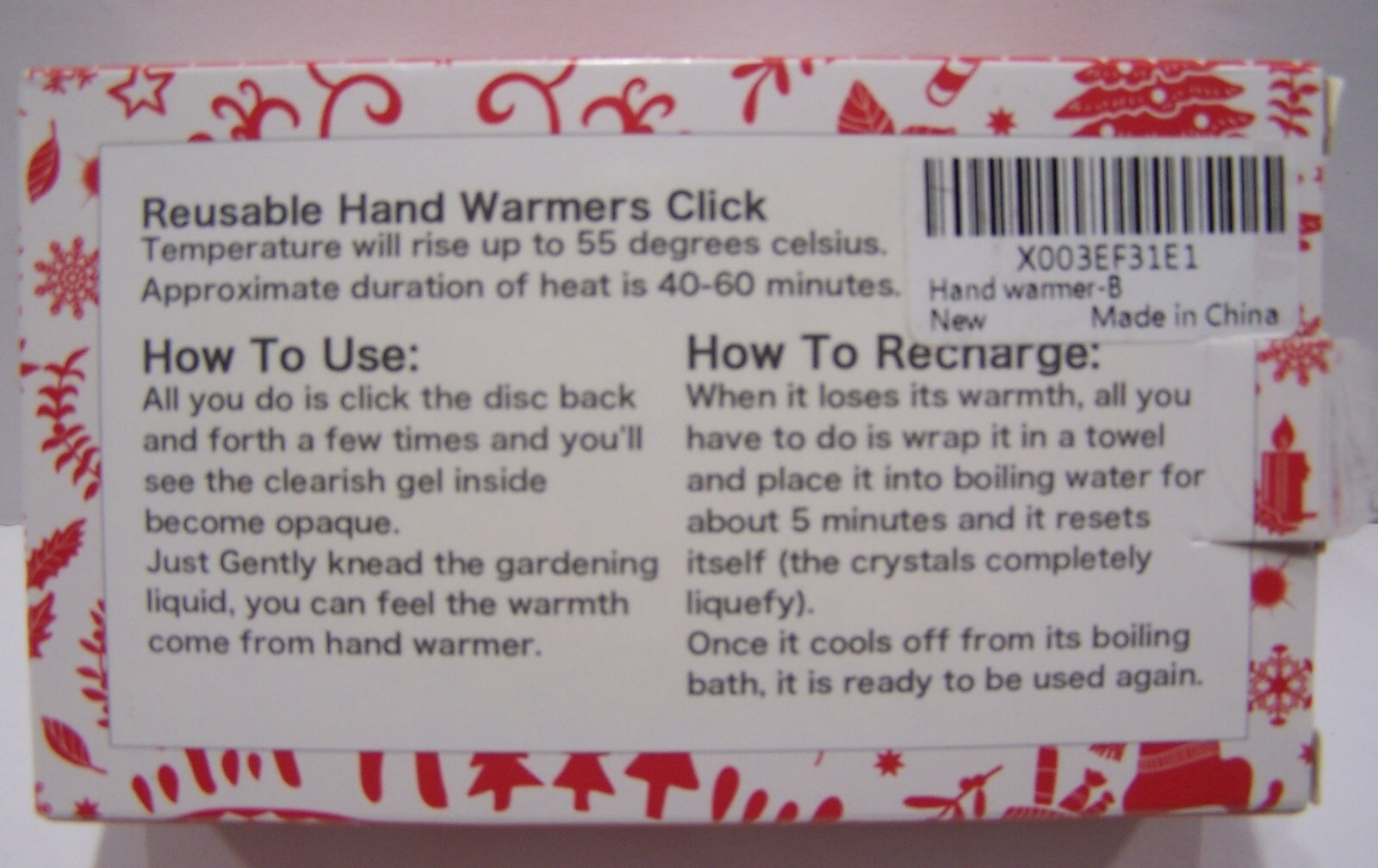 4 Pack Holiday Reusable Handwarmers RED