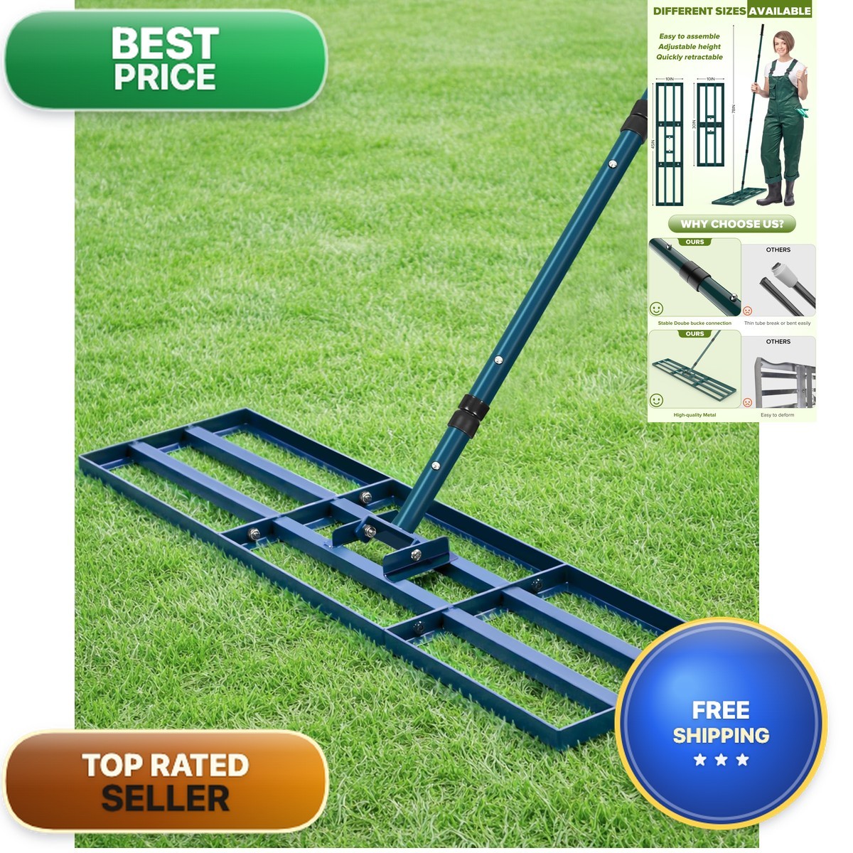 TITECK 45 Inch Lawn Leveling Rake with 78'' Adjustable Handle for