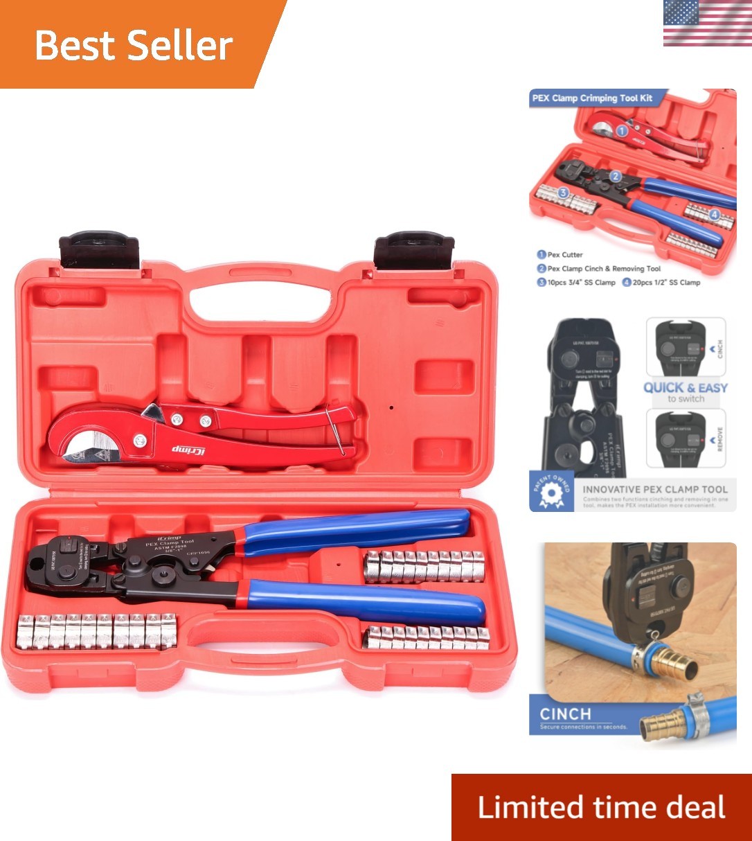Durable PEX Cinch & Removal Tool with 20+ Clamp Kit for Efficient Plumbing