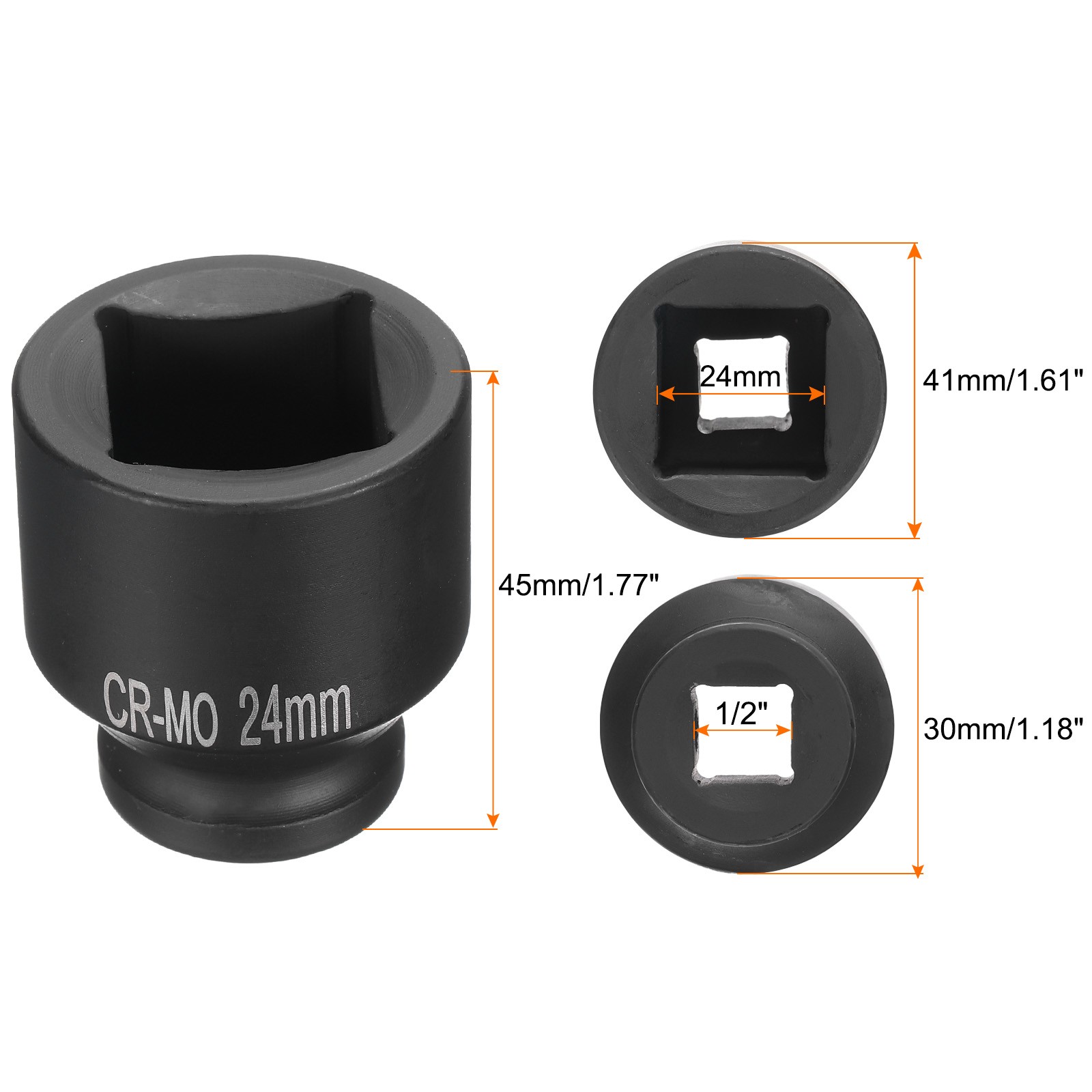 4 Point Square Socket 1/2" Drive 24mm Metric CR-MO Square Impact Wheel Socket
