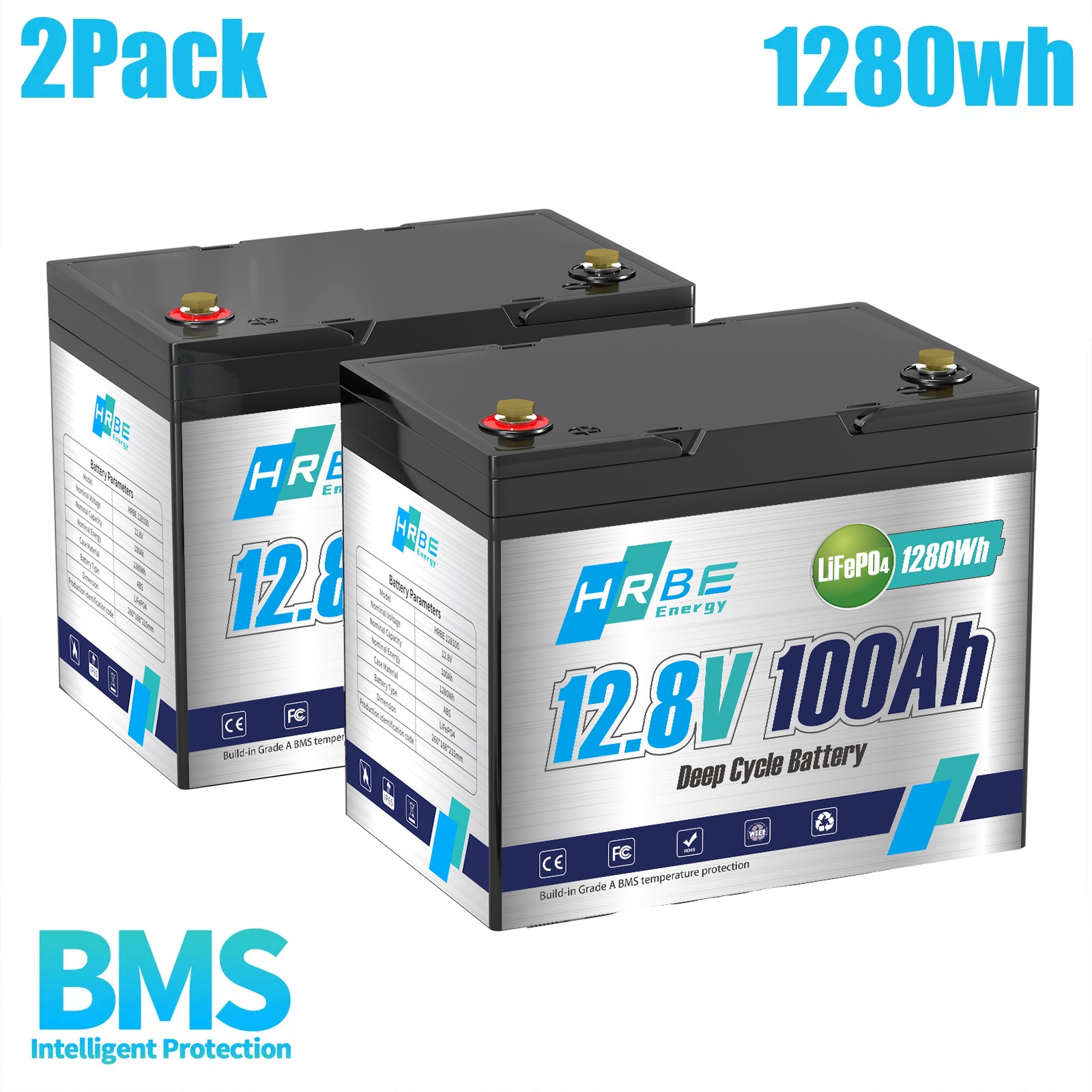 HRBEENERGY 2 Pack 12V 100Ah LiFePO4 Deep Cycle Lithium Battery BMS for Solar RV