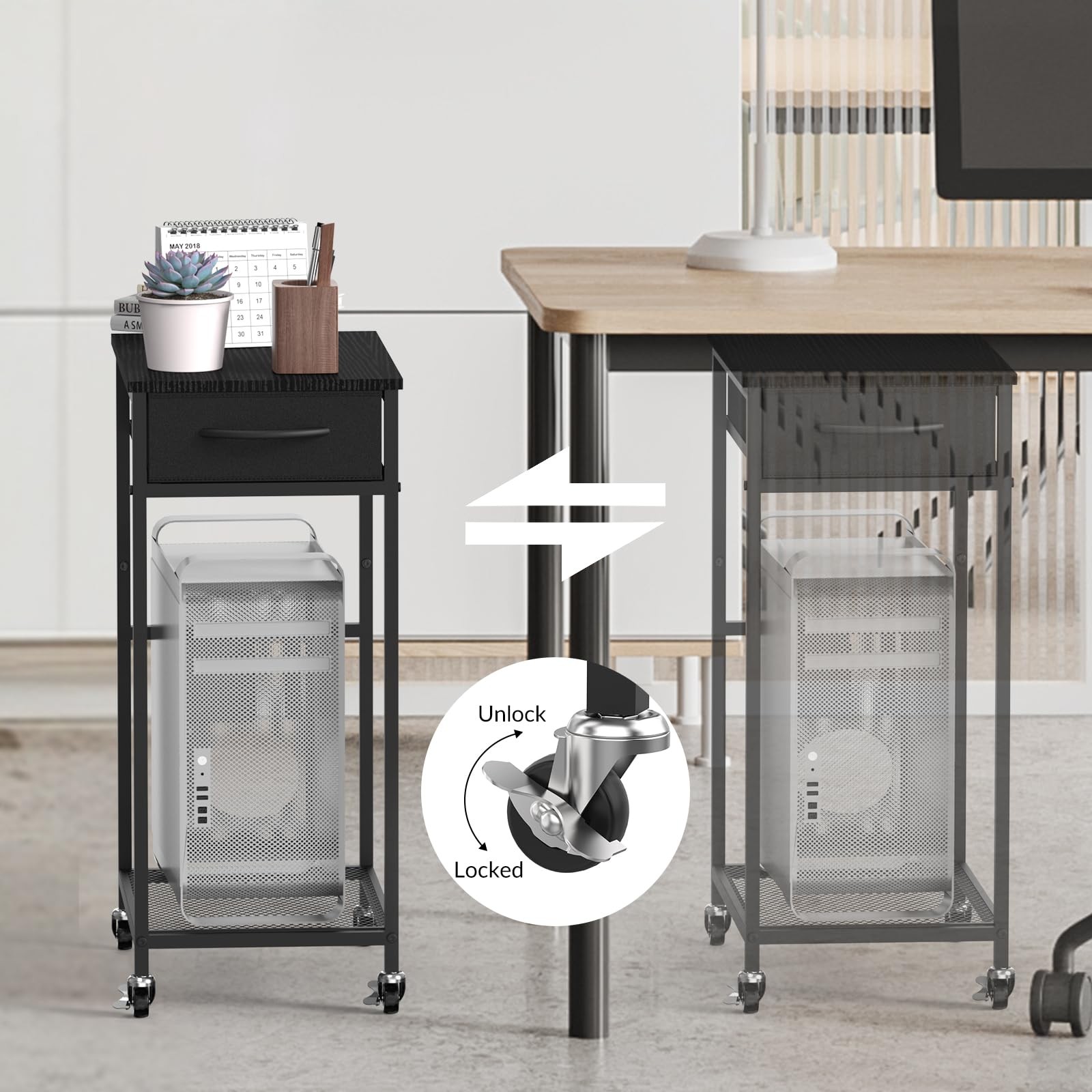 2 Tier PC Stand - Black Computer Tower Stand with Fabric Drawer, Modern Print...