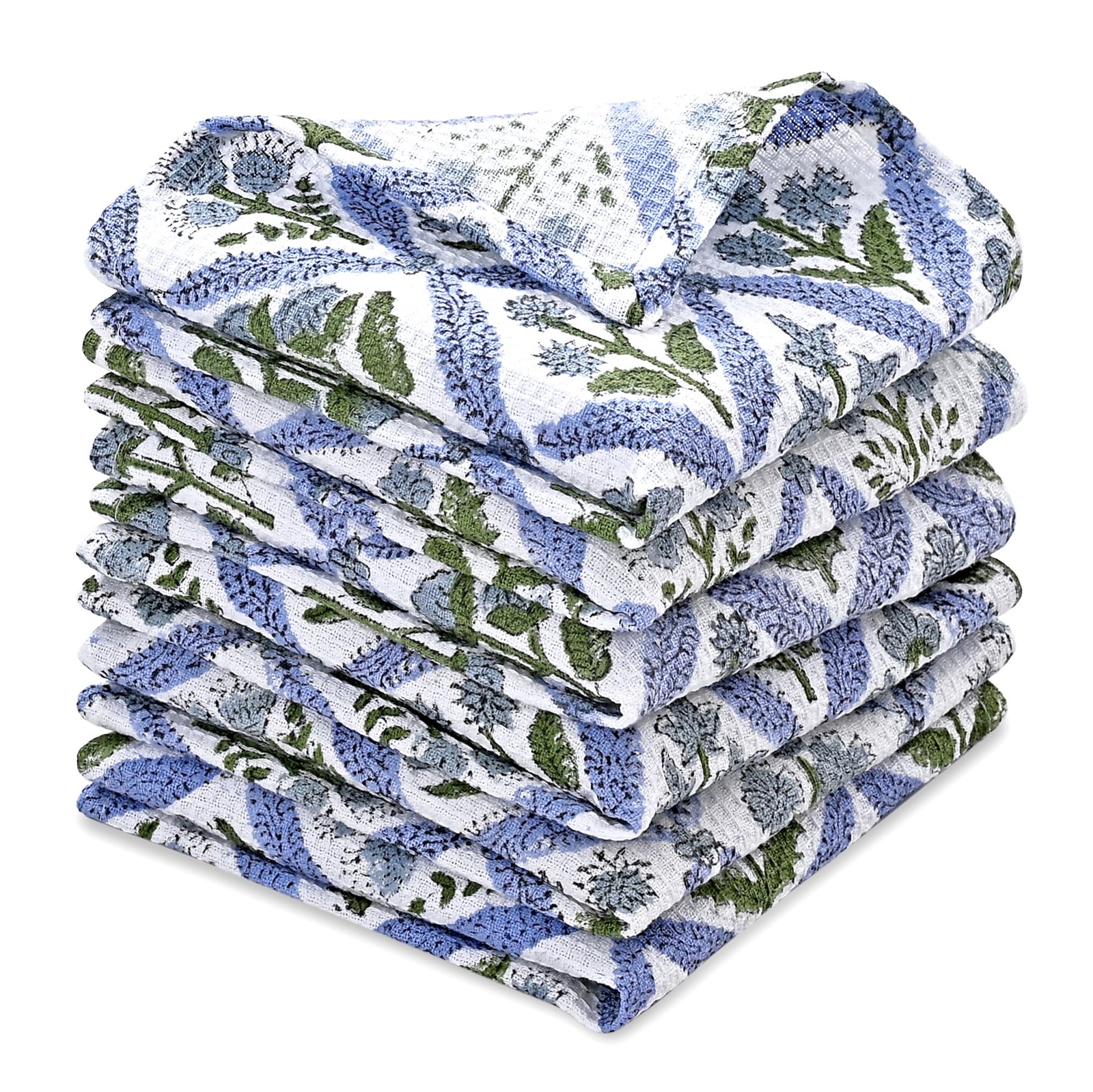 Light Steel Blue Hand Block Print Cotton Waffle Dish Cloth Set of 6-12x12 Inc...