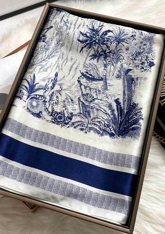 100% Silk 35" Square Scarf Women Neckerchief Wrap Kerchief Bandana Blue Flower