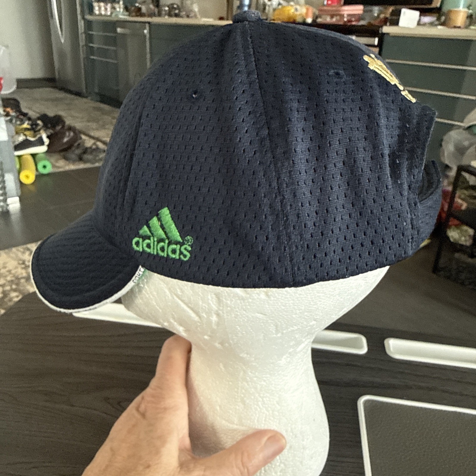 Notre Dame ND Gold Letters on Green Shield on Navy Adidas Hat Cap Hook Loop