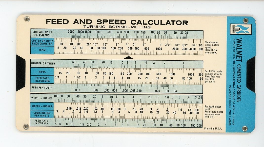 WALMET, SPEED AND FEED CALCULATOR 6 1/2" x 3 1/8"