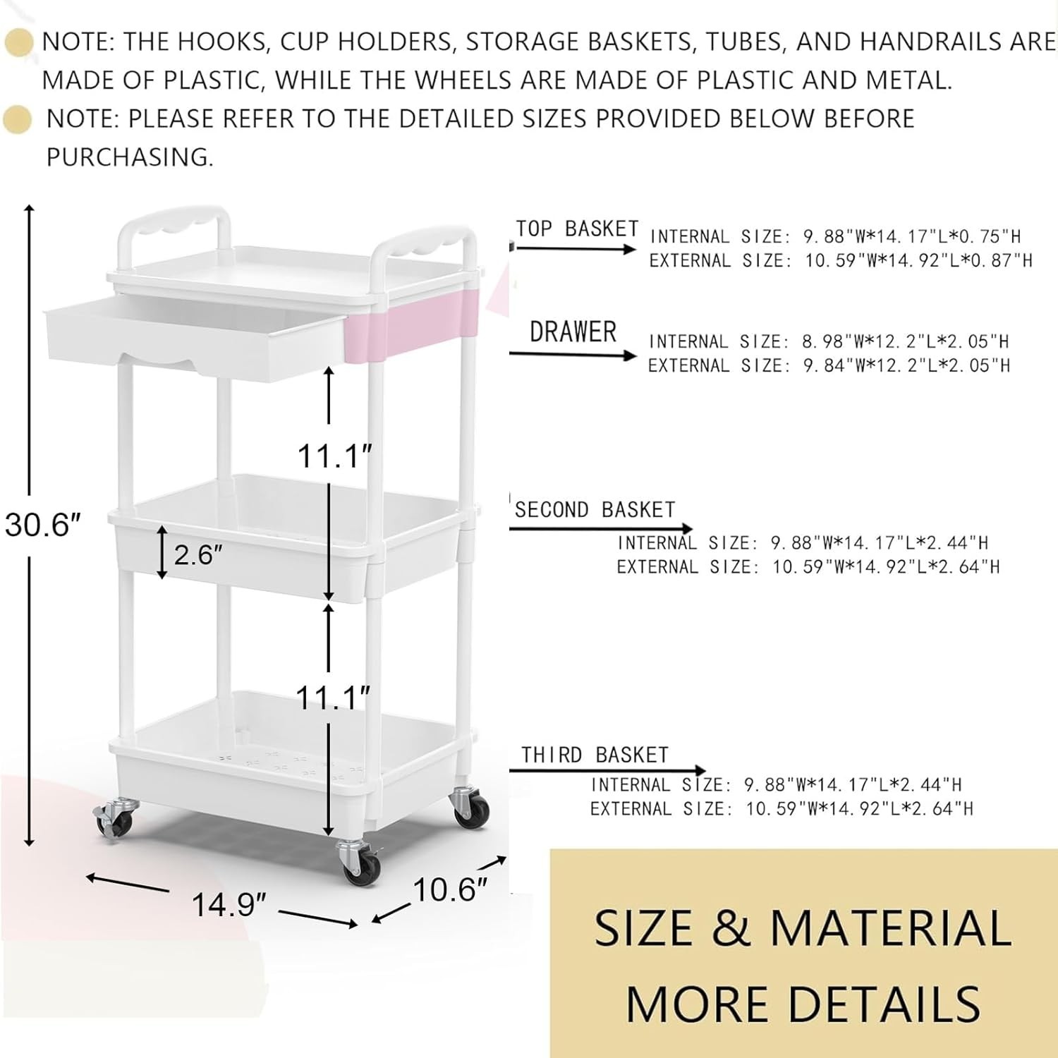 Maximize Storage: 3-Tier Rolling Organizer Cart with Dustproof Drawer & Wheels