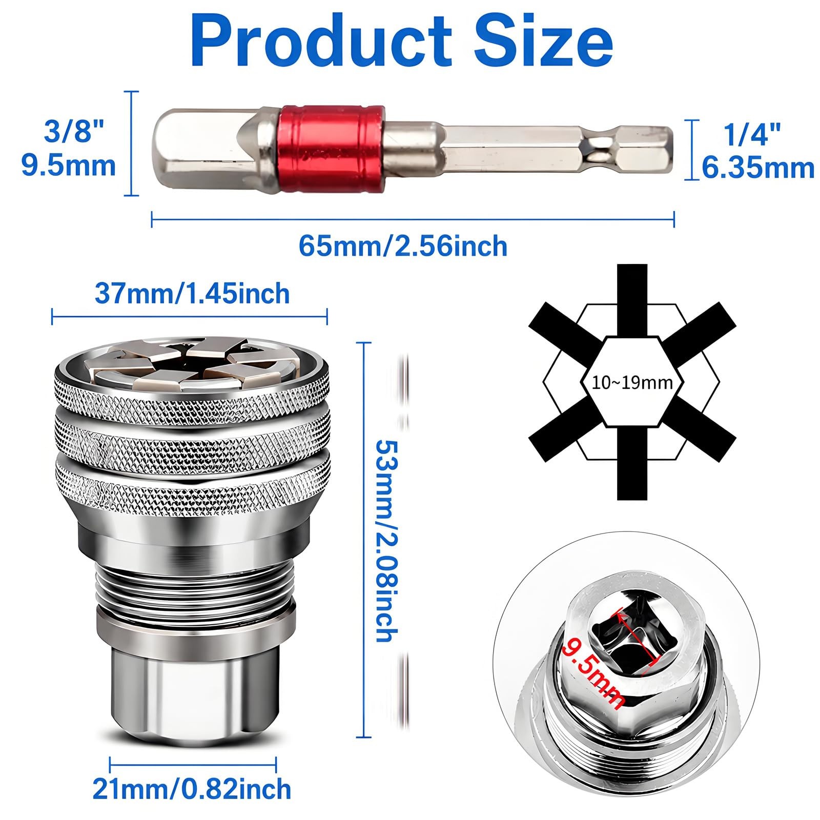 Universal Socket Wrench 10-19mm 3/8" Ratchet/Drill