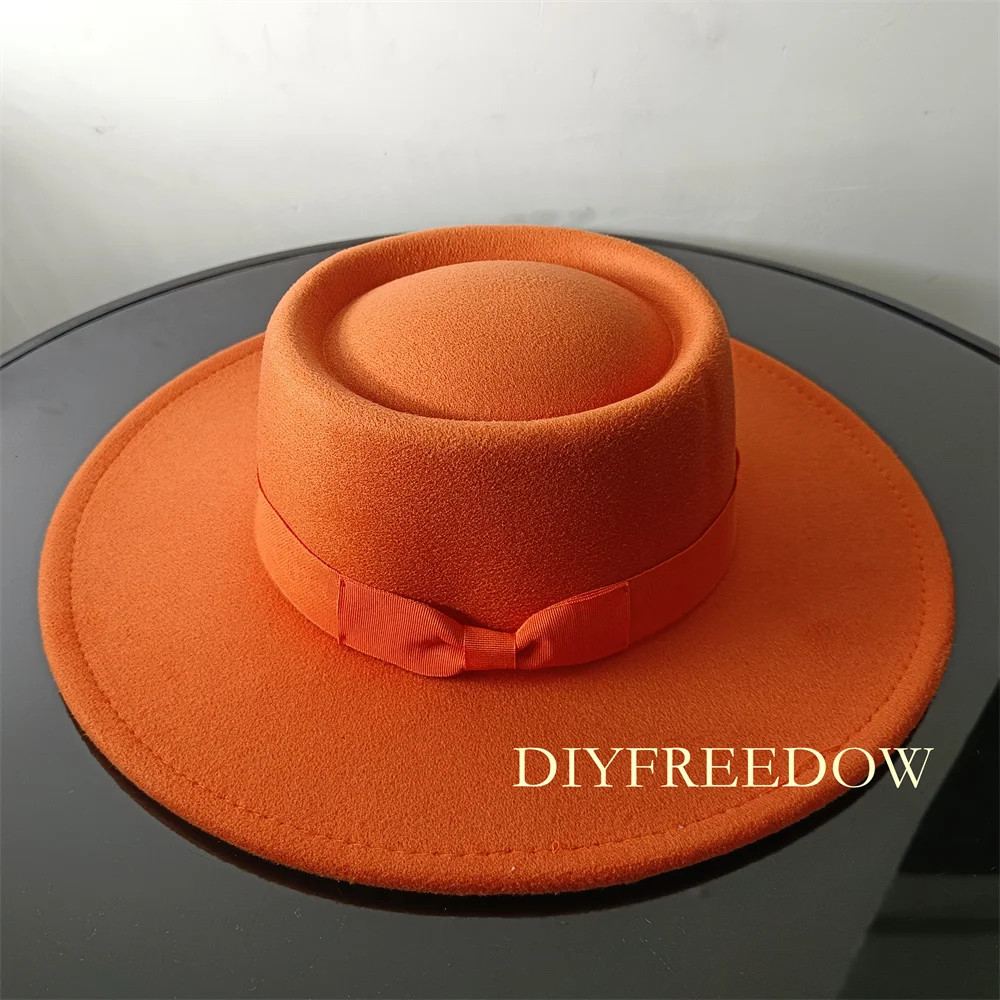 Fedora Hat for Women Men Flat Top Concave Design Autumn Winter Bow Tie Jazz Hat