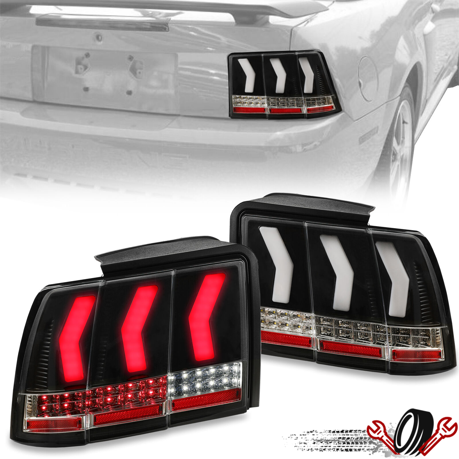 For 1999-2004 Ford Mustang Sequential Signal LED Tail Lights w/ Red Tube Black