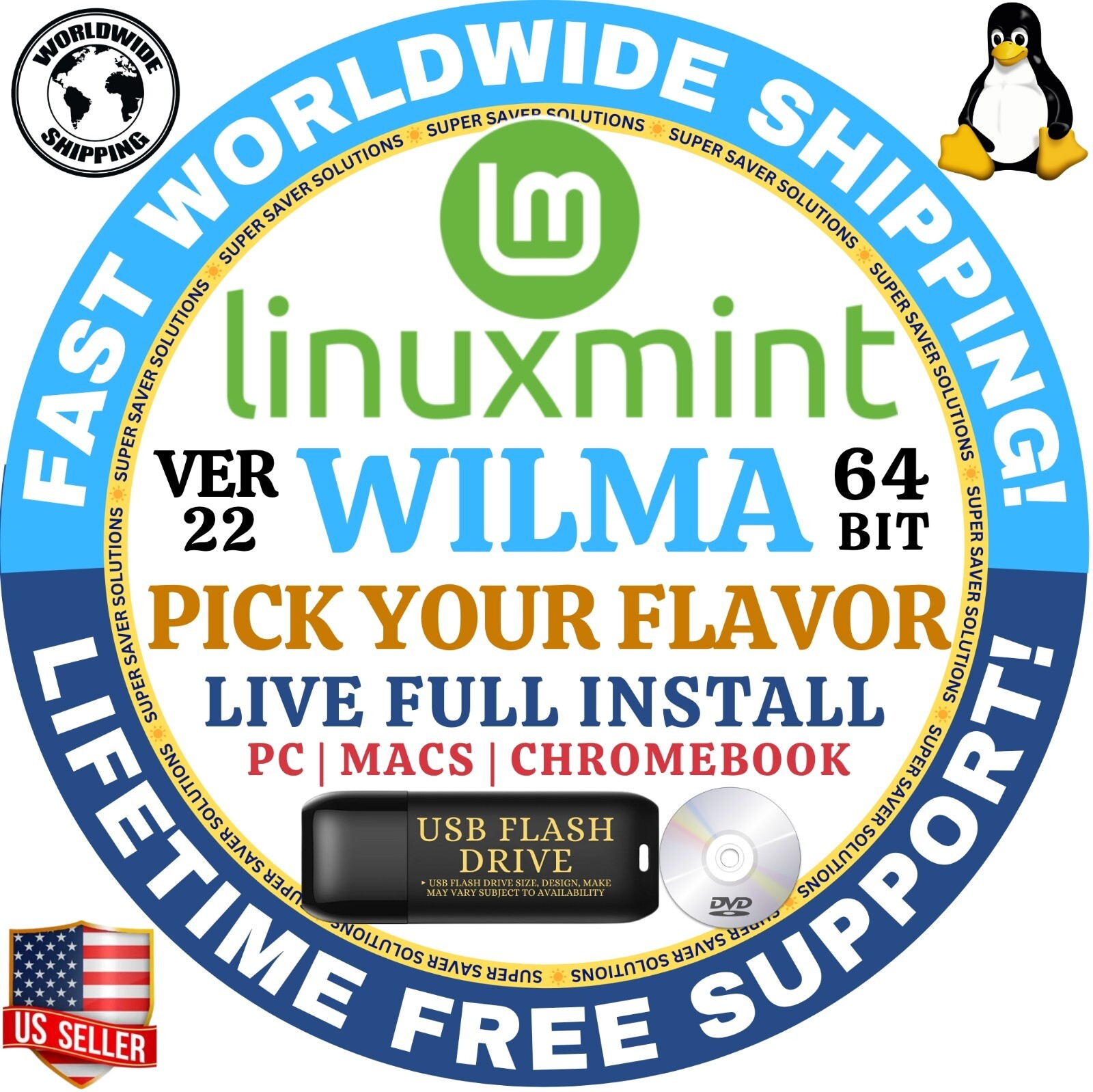 LINUX MINT OS 22 WILMA CINNAMON XFCE MATE LMDE6 64BIT | USB / DVD COMBOS