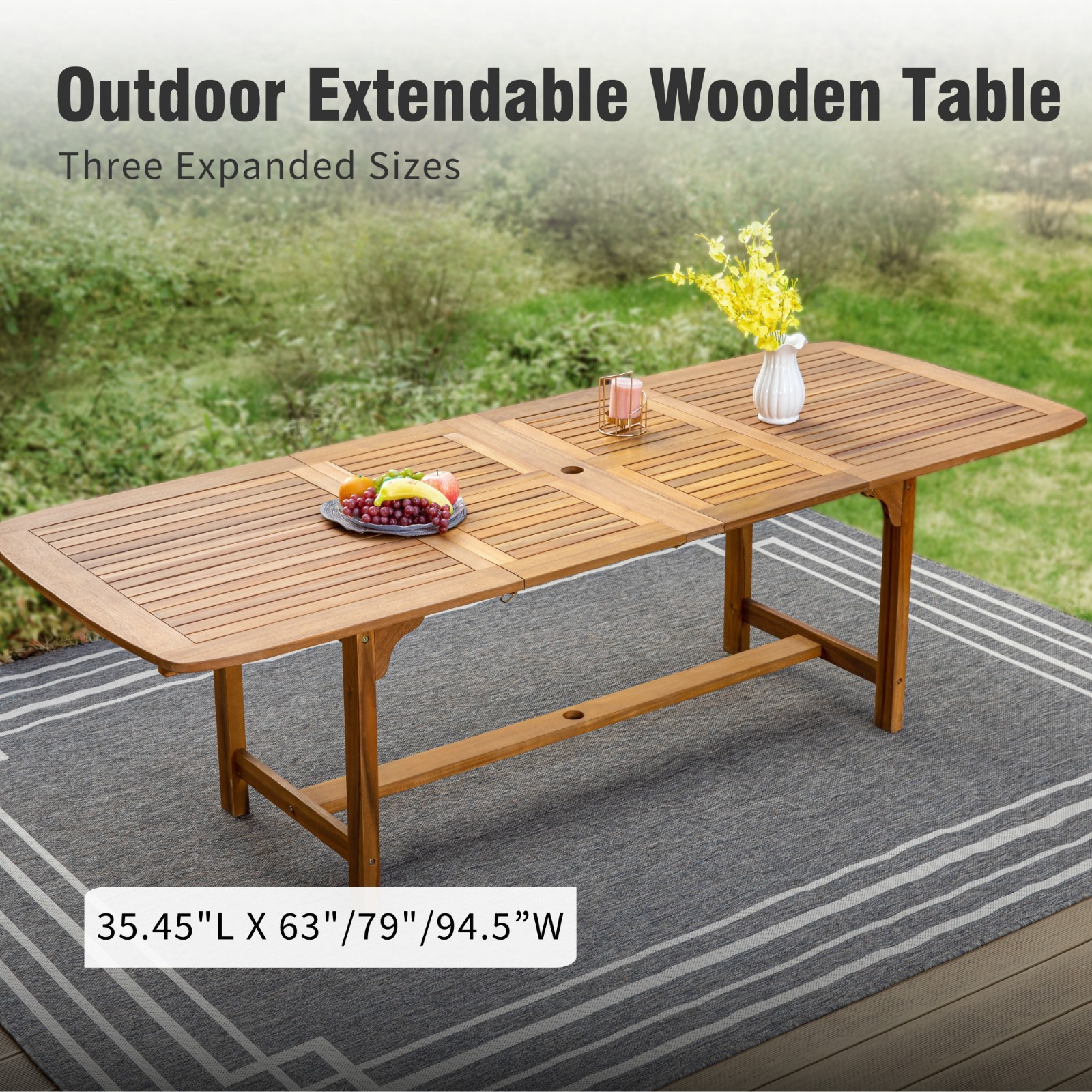 Patio Outdoor Acacia Wood Dining Table for 6-8 Large Extendable w/ Umbrella Hole