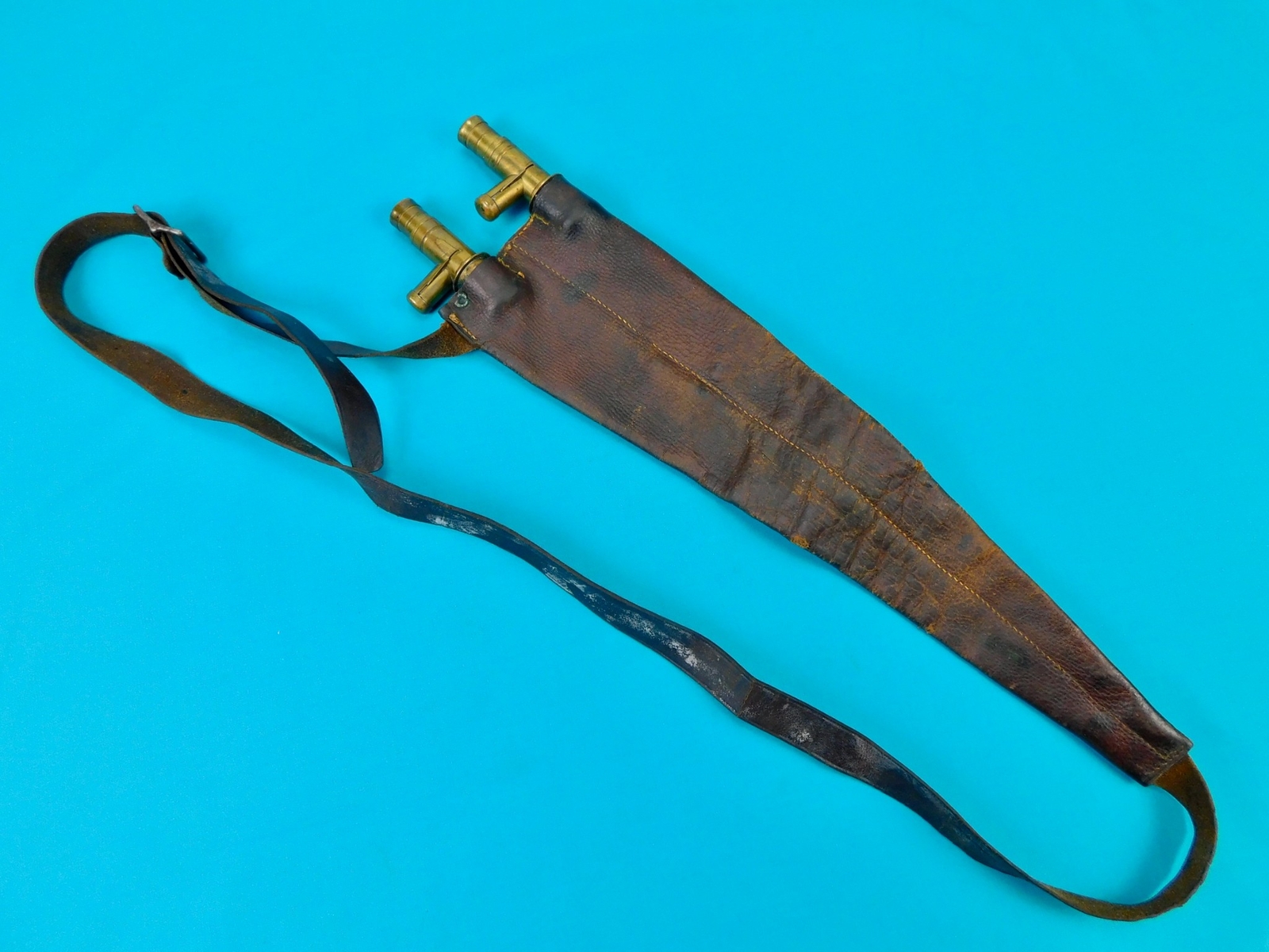 Antique Vintage Old US or German Shoulder Mounted Hunting Leather Powder Flask