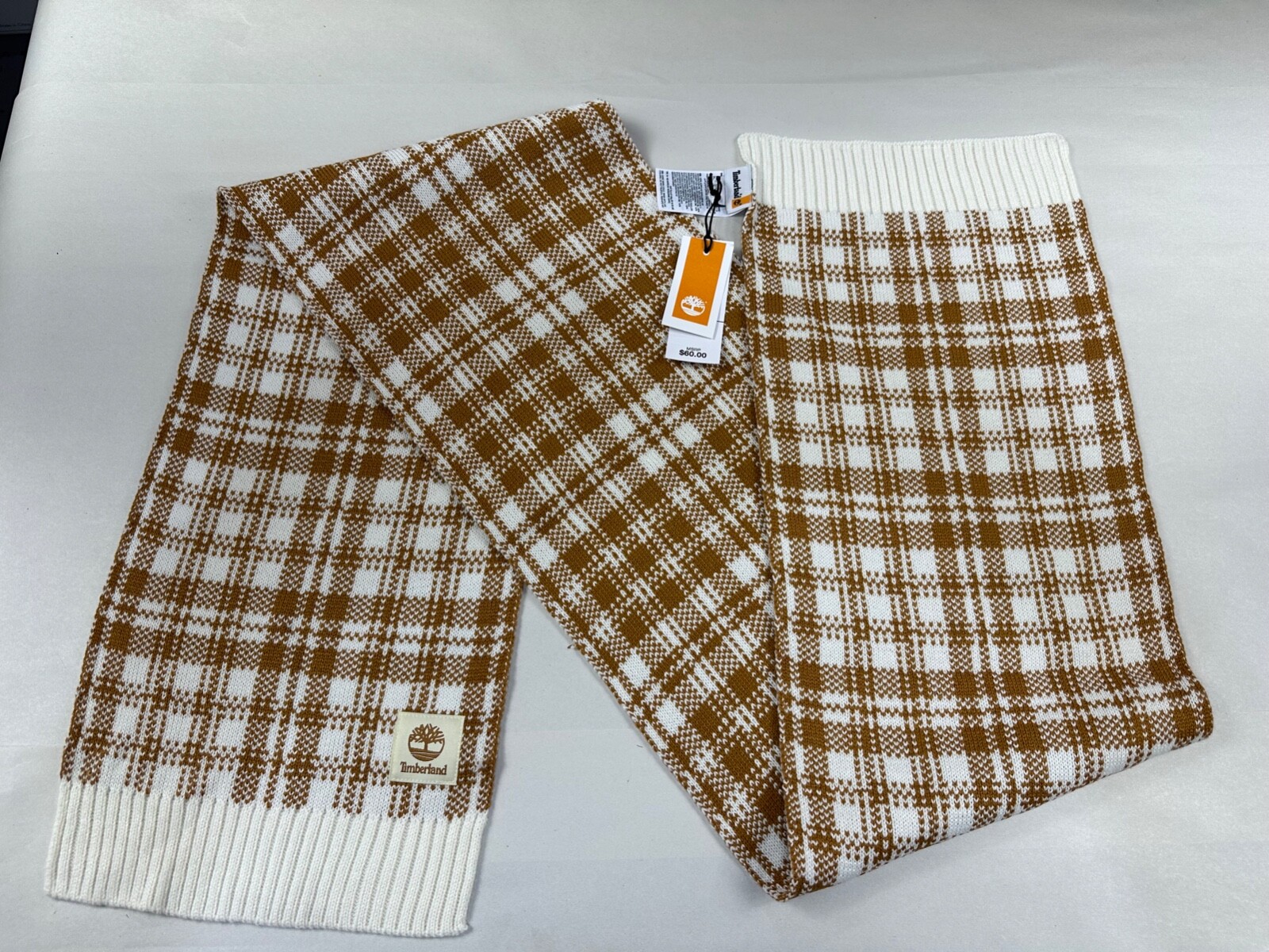 New Timberland Winter Scarf Nature Needs Heroes Tan Eggshell 10 X 66 Plaid NWT
