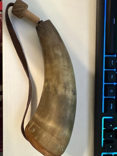 Vintage Genuine Horn Powder Flask Wooden Cap Carved Stopper Leather Strap LARP