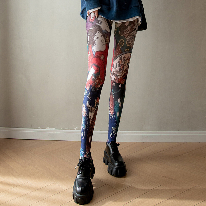 Ladies Retro Ethnic Japanese Colorful Faux Silk Stocking Pantyhose Hosiery Tight