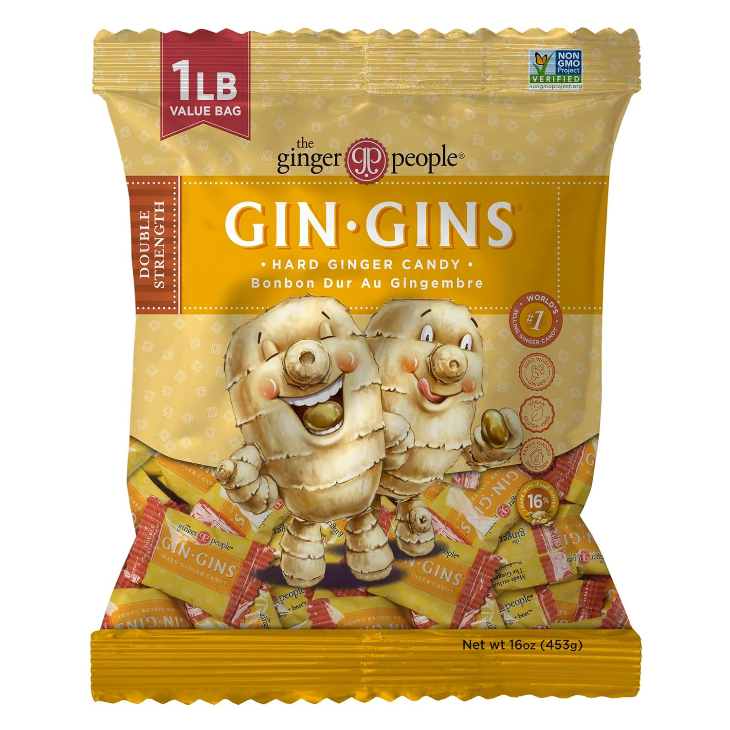 Gin Gins Super Strength Ginger Candy, Natural Ginger, 1 Lb Bag