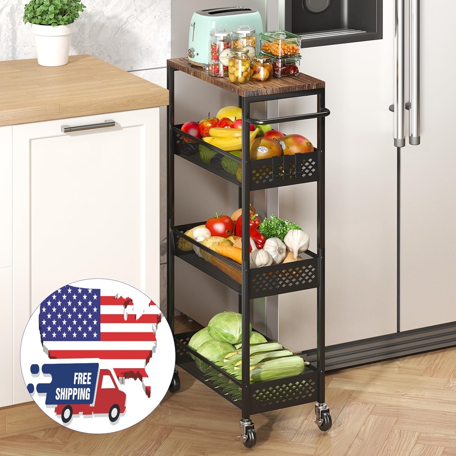Carrito estrecho con ruedas, parte superior de madera y asa de metal, negro NEW