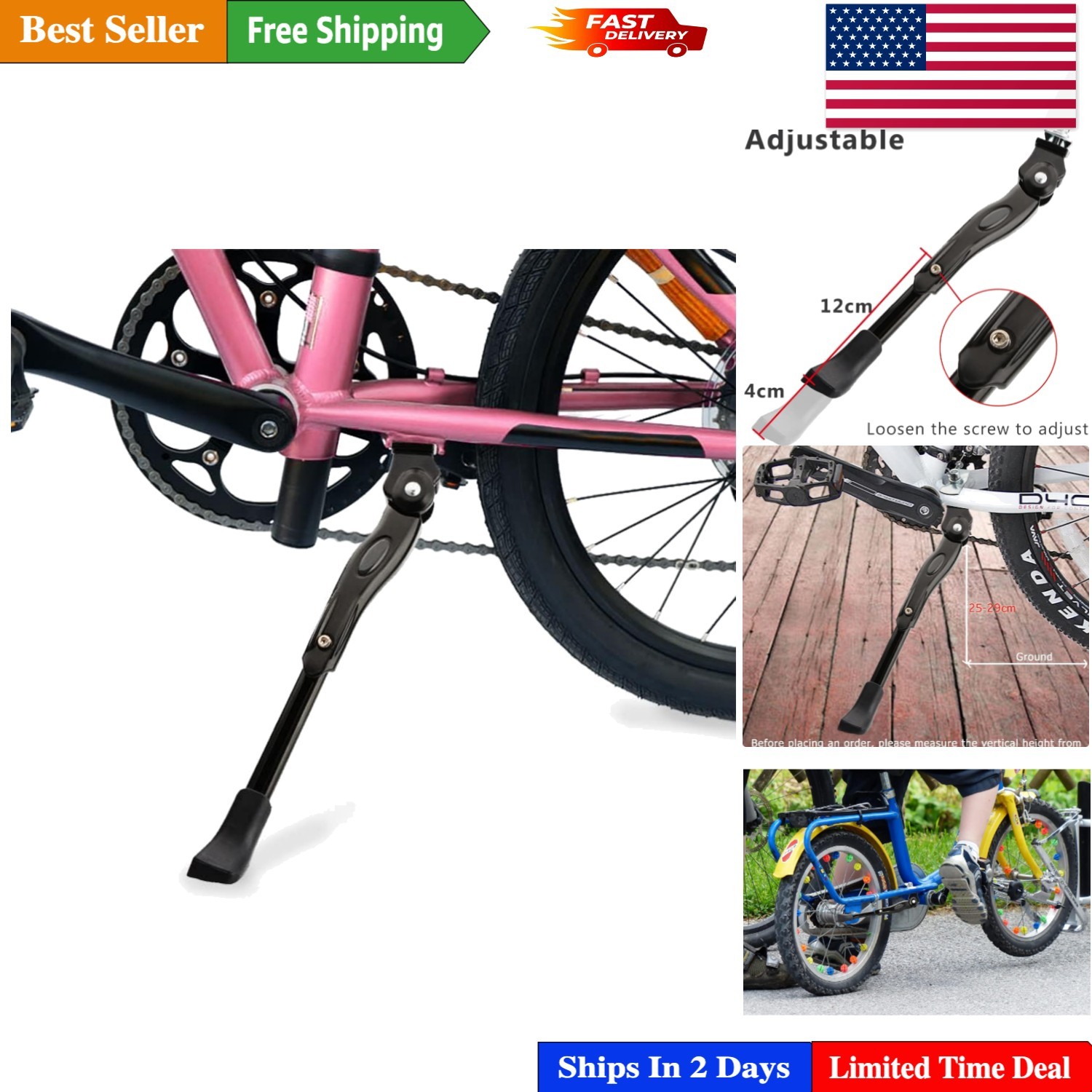 Universal Folding Bicycle Kickstand - Fits 12"-29" Bikes - Easy Installation